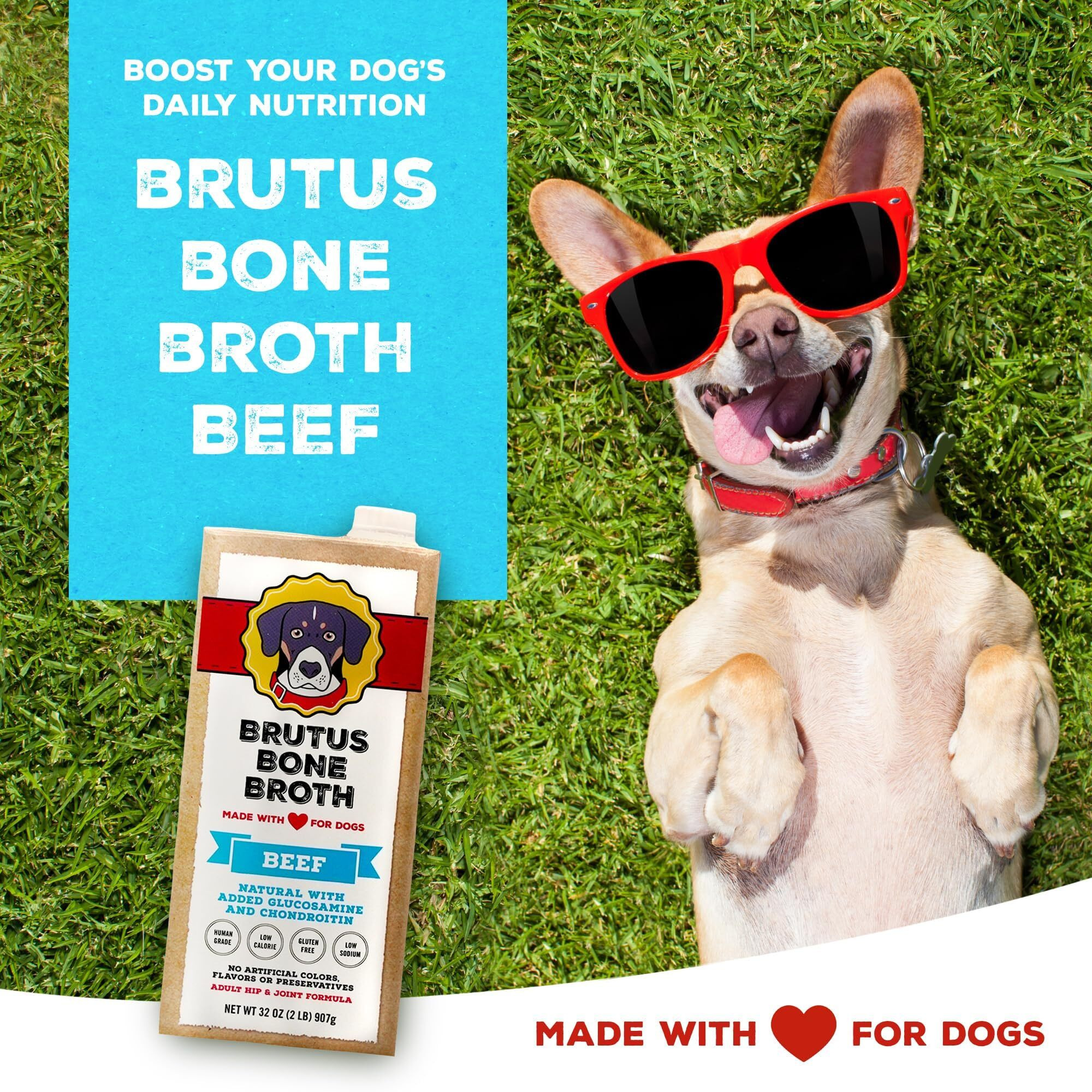 Brutus Beef Bone Broth For Dogs And Cats - All Natural Dog Bone Broth With Chondroitin Glucosamine & Turmeric -Human Grade Dog Food Toppers For Picky Eaters & Dry Food -Tasty & Nutritious