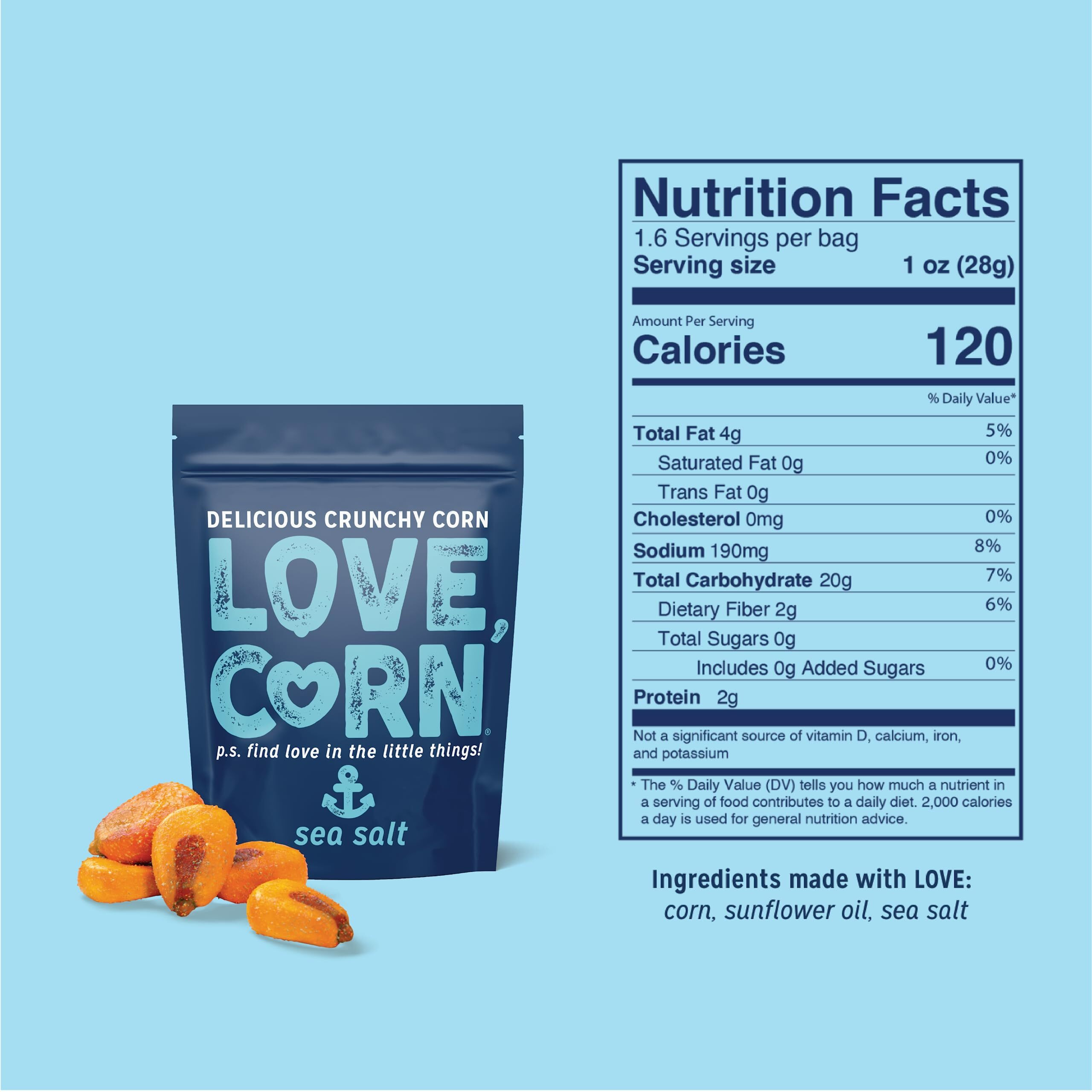 Love Corn Sea Salt 1.6Oz X 10 Bags - Delicious Crunchy Corn - Healthy Family Snacks - Gluten Free, Kosher, Non-Gmo - Alternative For Chips, Nuts, Crackers & Pretzels - Perfect For Charcuterie Boards