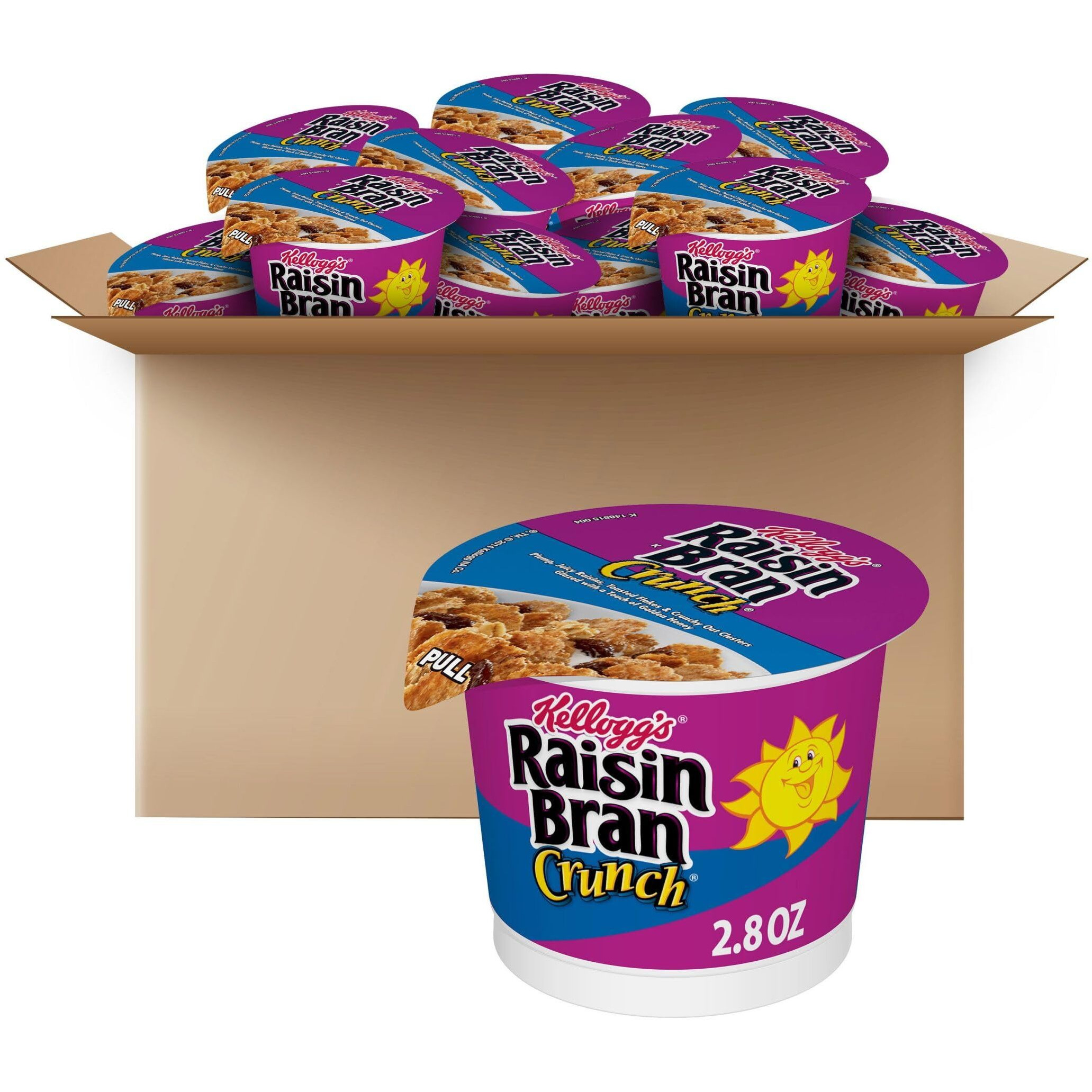 Kellogg's Raisin Bran Crunch Breakfast Cereal Cups, Fiber Cereal, Made With Real Fruit, Original, 33.6Oz Case (12 Cups)