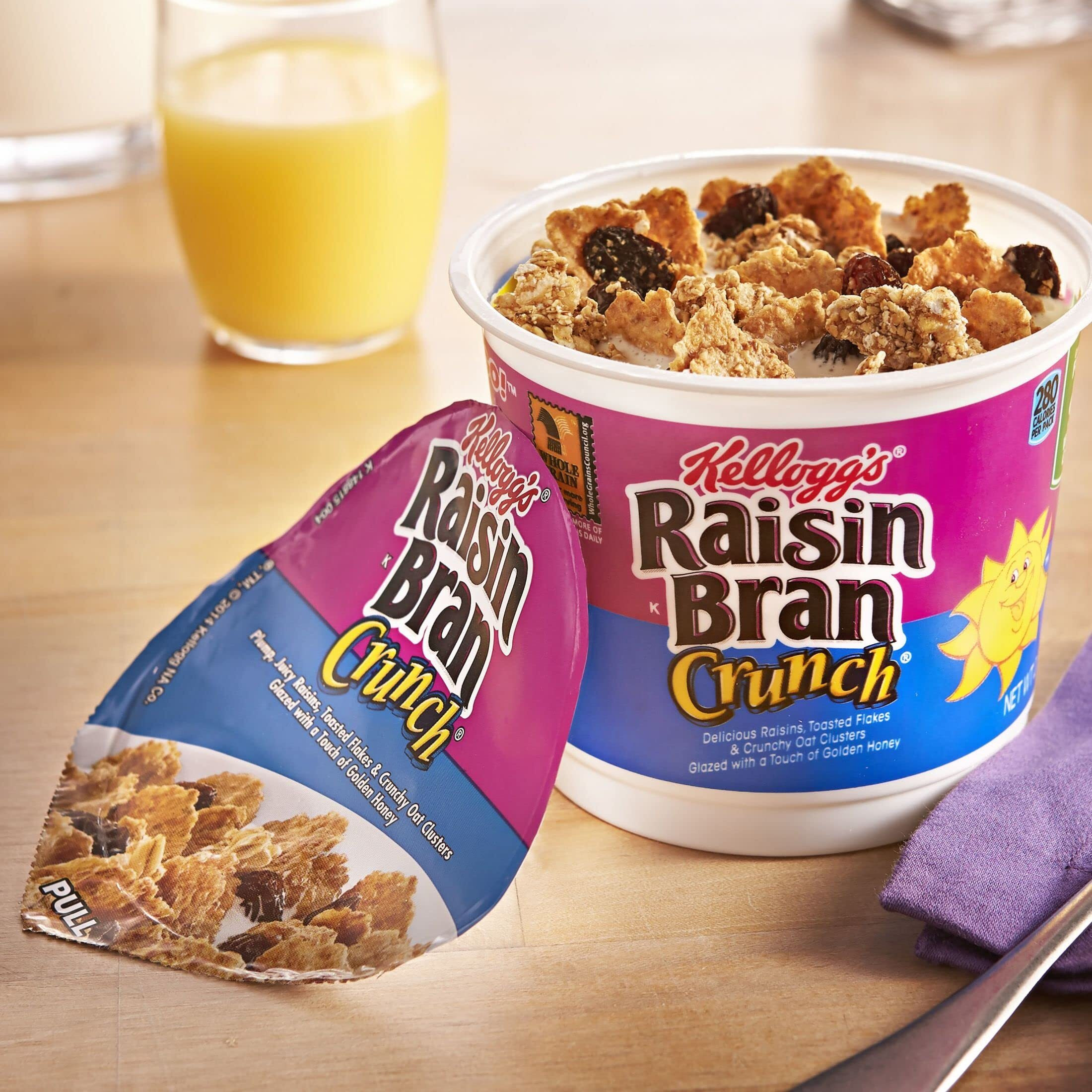 Kellogg's Raisin Bran Crunch Breakfast Cereal Cups, Fiber Cereal, Made With Real Fruit, Original, 33.6Oz Case (12 Cups)