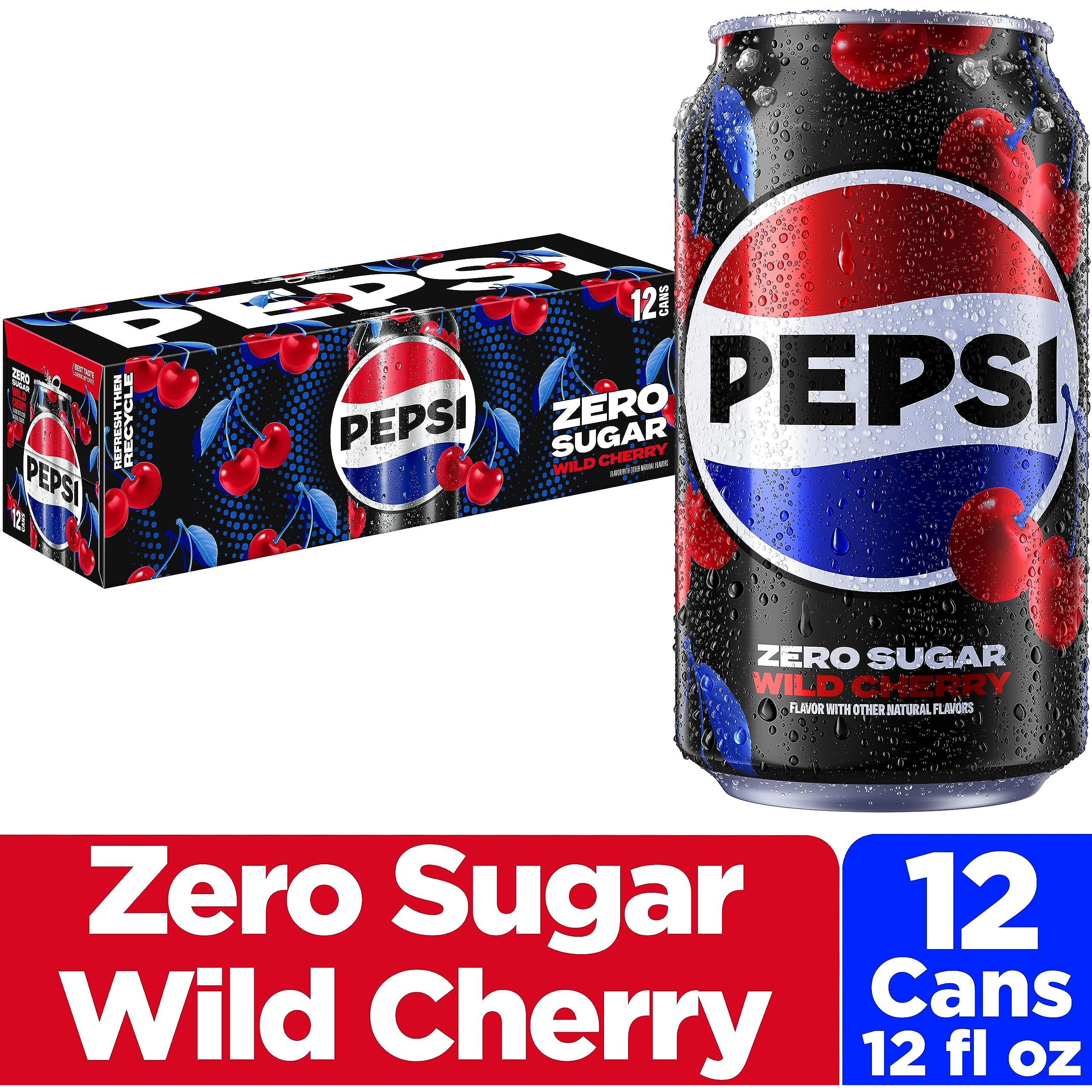 Pepsi Zero Sugar Cola Soda Pop, Wild Cherry, 12Oz Cans (12 Pack)