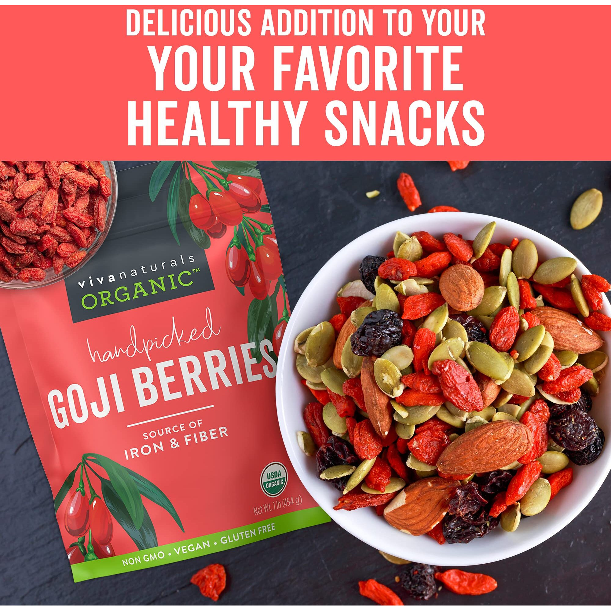 Viva Naturals Organic Dried Goji Berries, 16 Oz (1 Lb) Non-Gmo And Vegan Wolfberries, Perfect For Baking, Smoothies, Teas And Snacks, Goji Berries Organic