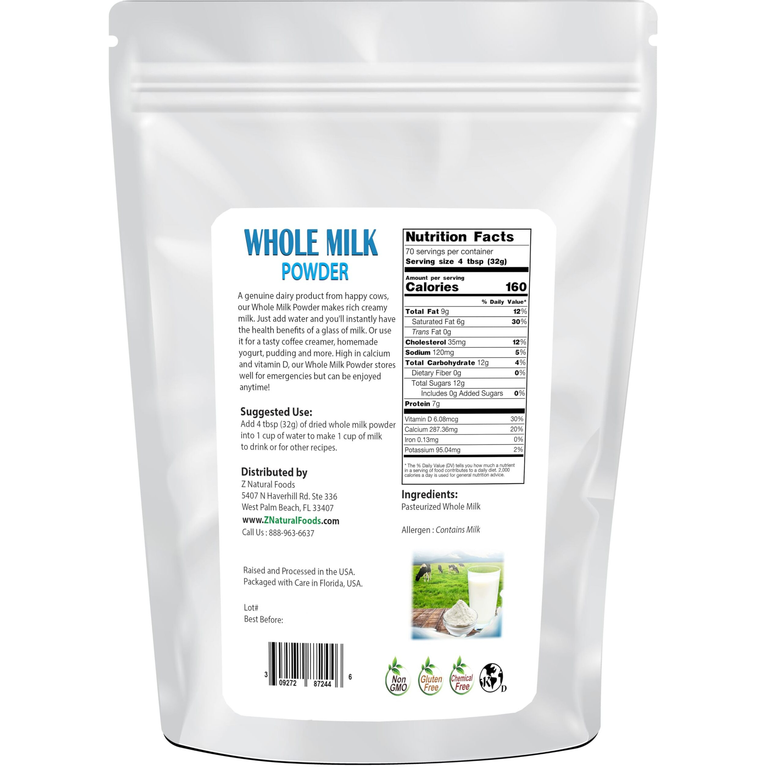 Z Natural Foods Premium Whole Milk Powder - Powdered Milk For Baking, Cooking, Drinks - Dry Milk Powder, Pasteurized, Non-Gmo, Gluten-Free, Kosher-Certified, 5 Lbs