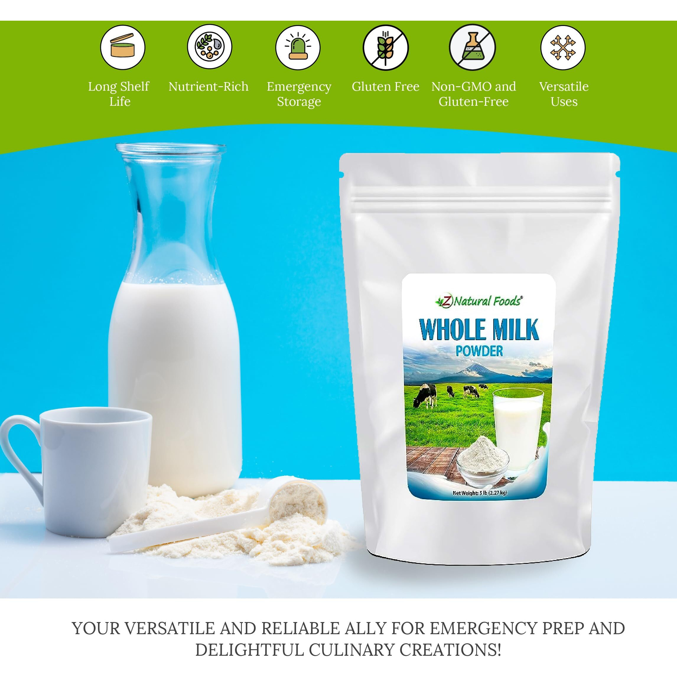 Z Natural Foods Premium Whole Milk Powder - Powdered Milk For Baking, Cooking, Drinks - Dry Milk Powder, Pasteurized, Non-Gmo, Gluten-Free, Kosher-Certified, 5 Lbs