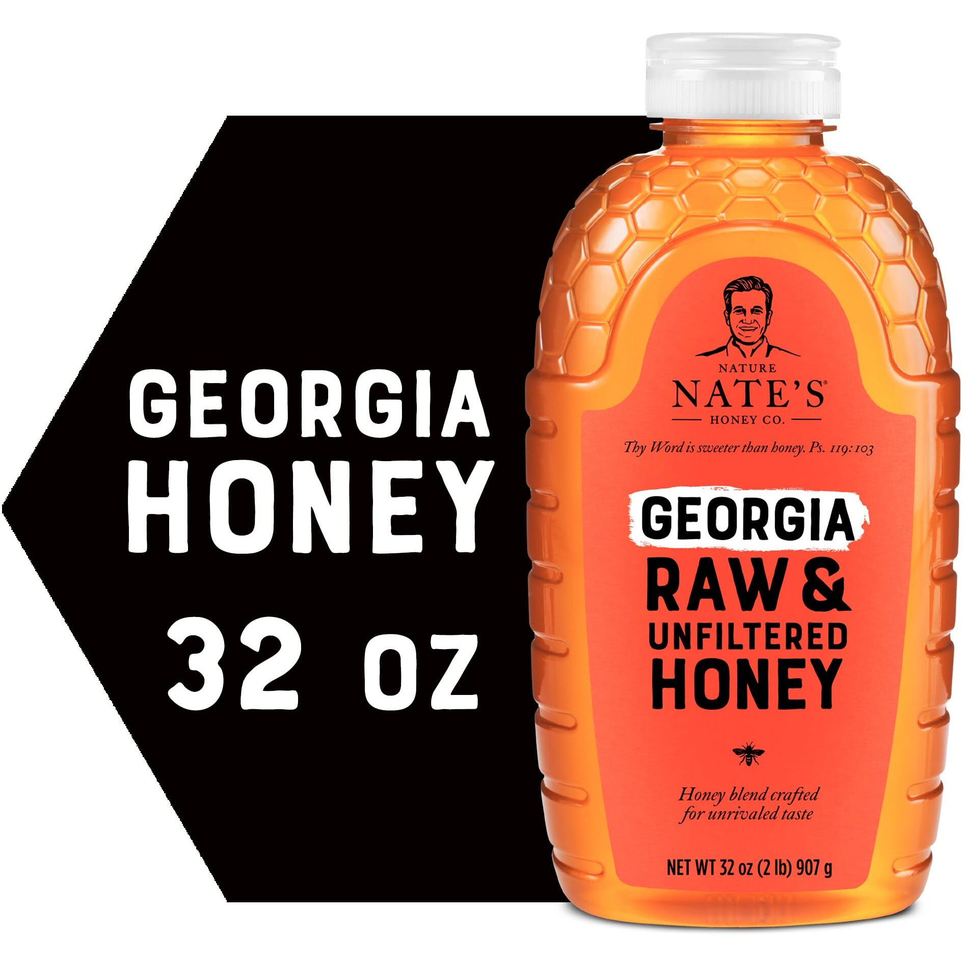 Nate's Georgia 100% Pure, Raw & Unfiltered Honey, 32 Oz. Squeeze Bottle - All-Natural Sweetener