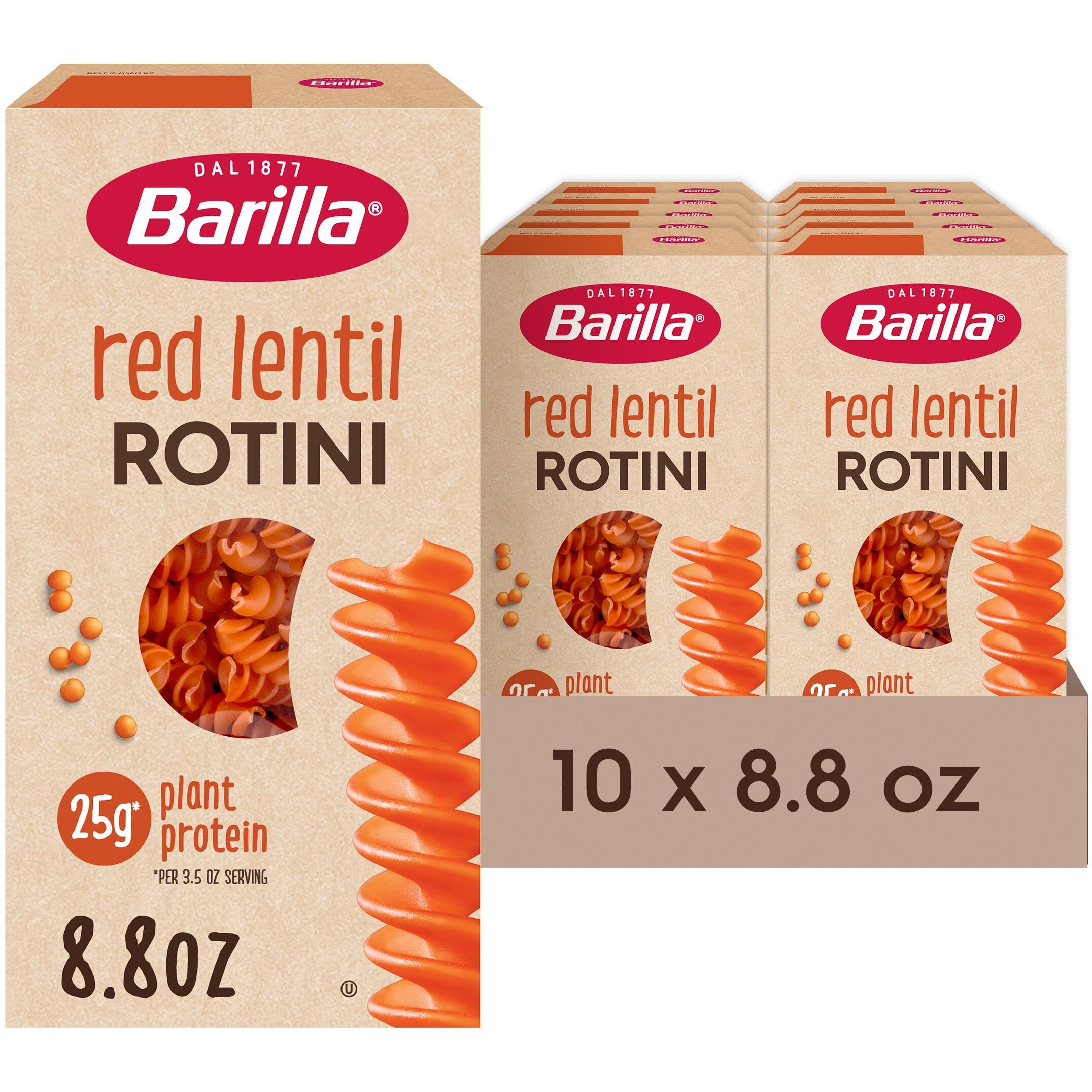 Barilla Red Lentil Rotini Pasta, Good Source Of Plant-Based Protein, Excellent Source Of Fiber, Kosher, Gluten Free & Non-Gmo, 8.8 Ounce (Pack Of 10)