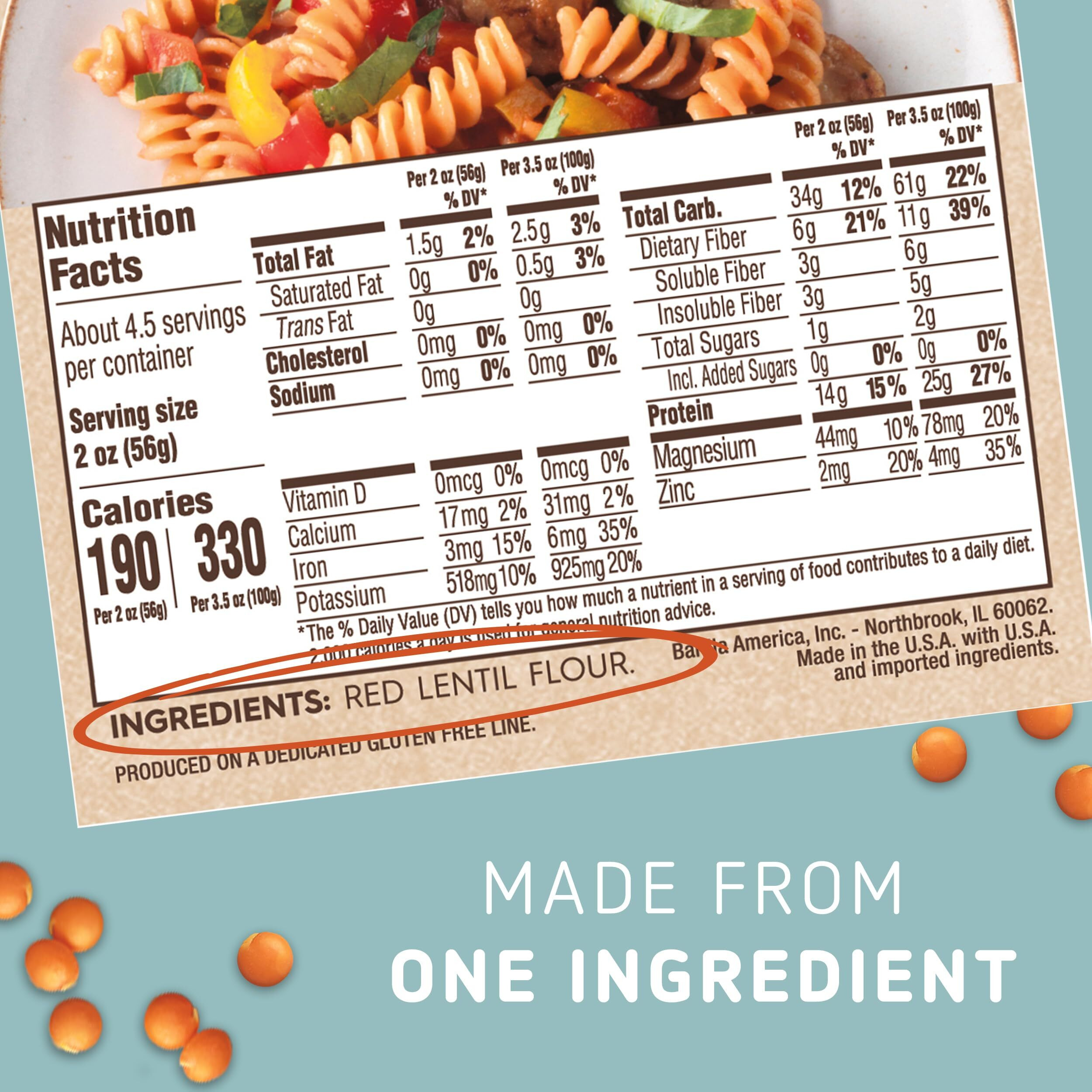 Barilla Red Lentil Rotini Pasta, Good Source Of Plant-Based Protein, Excellent Source Of Fiber, Kosher, Gluten Free & Non-Gmo, 8.8 Ounce (Pack Of 10)