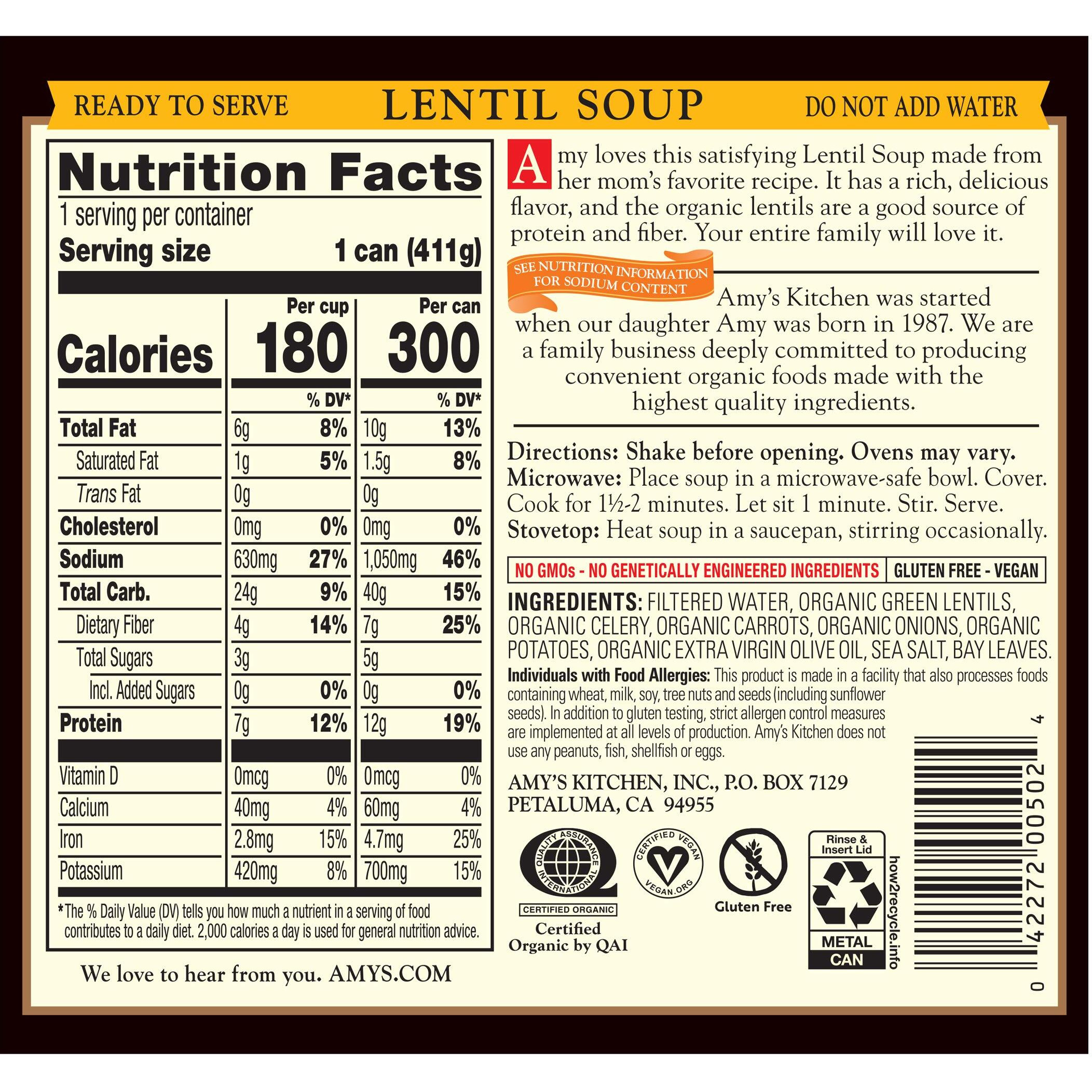 Amy's Soup, Vegan, Gluten Free, Organic Lentil, 14.5 Ounce (Pack Of 12)