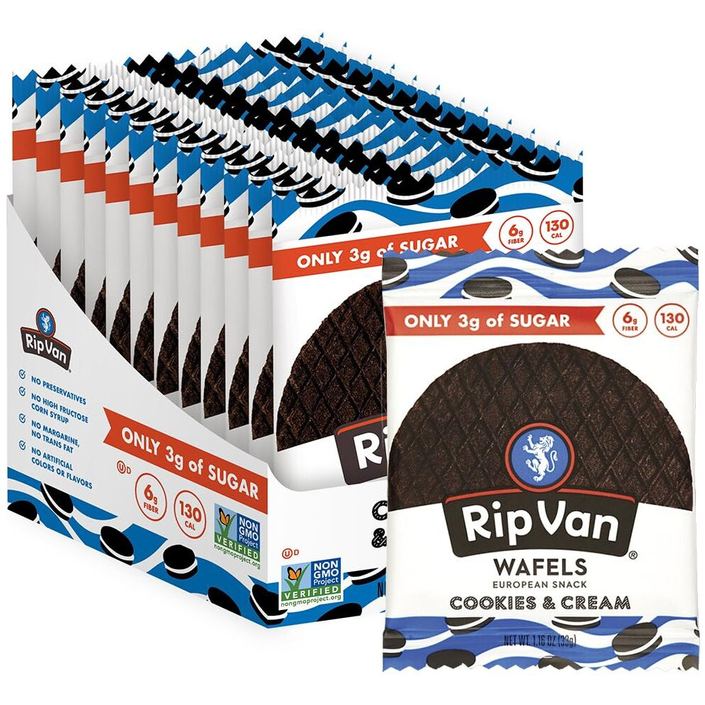 Rip Van Wafels Cookies & Cream Stroopwafels - Healthy Snacks - Non Gmo Snack - Keto Friendly - Office Snacks - Low Sugar (3G) - Low Calorie Snack - 12 Pack
