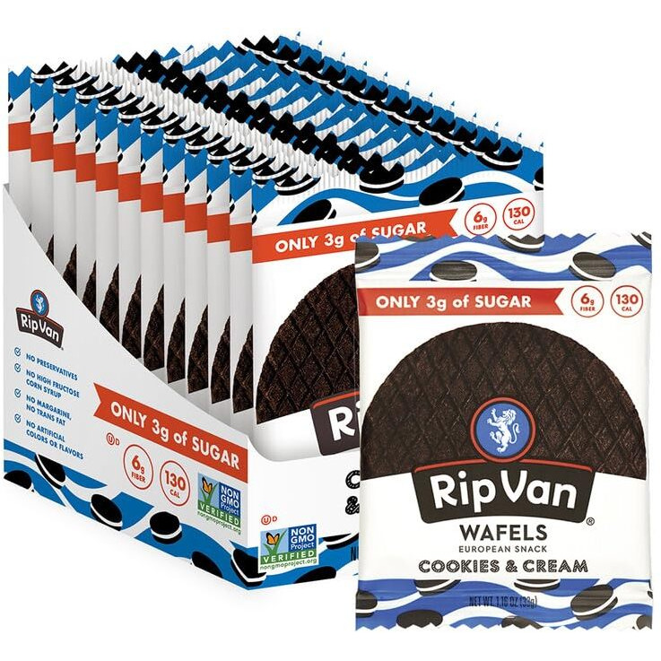 Rip Van Wafels Cookies & Cream Stroopwafels - Healthy Snacks - Non Gmo Snack - Keto Friendly - Office Snacks - Low Sugar (3G) - Low Calorie Snack - 12 Pack