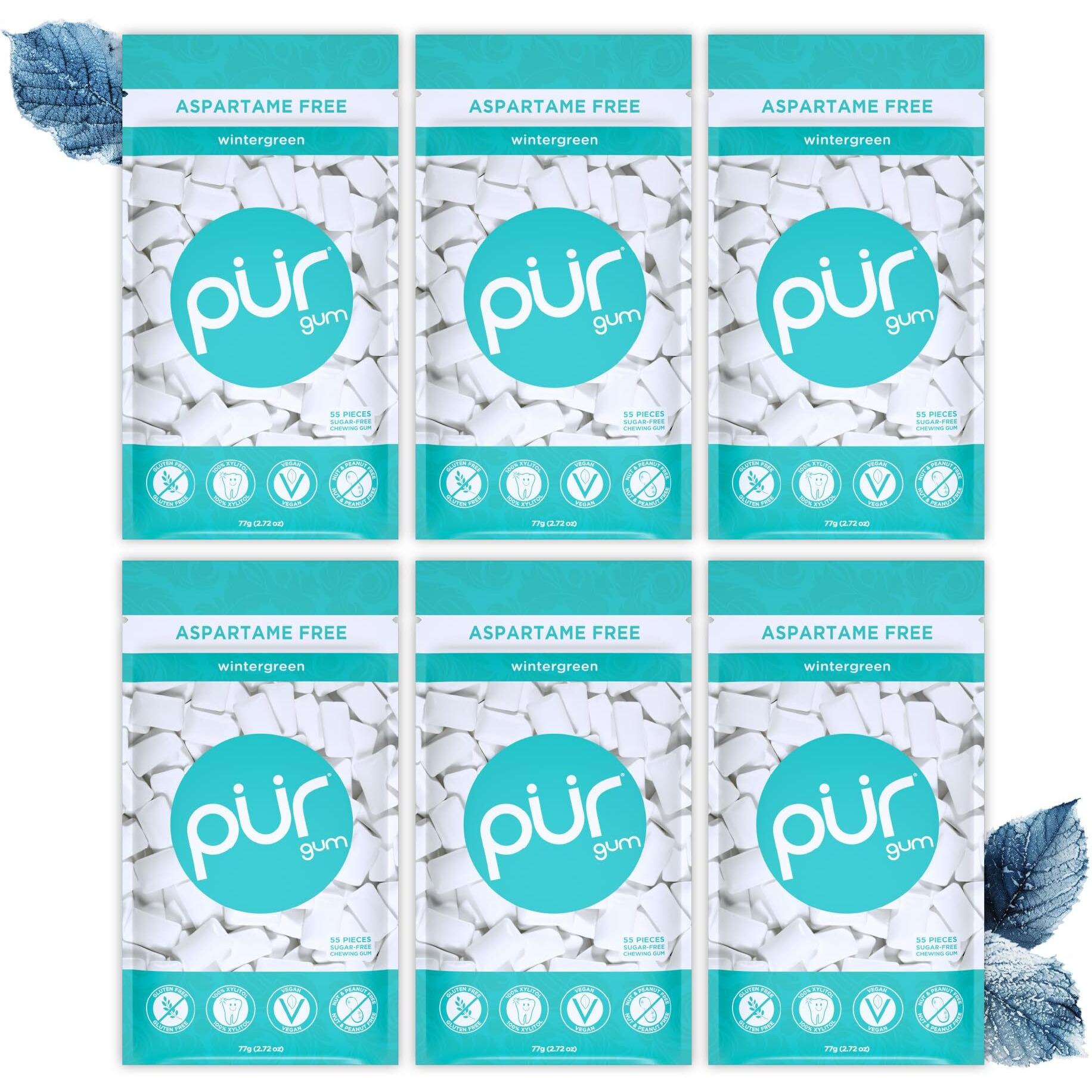 Pur Gum | Aspartame Free Chewing Gum | 100% Xylitol | Natural Wintergreen Flavored Gum, 55 Pieces (Pack Of 6)