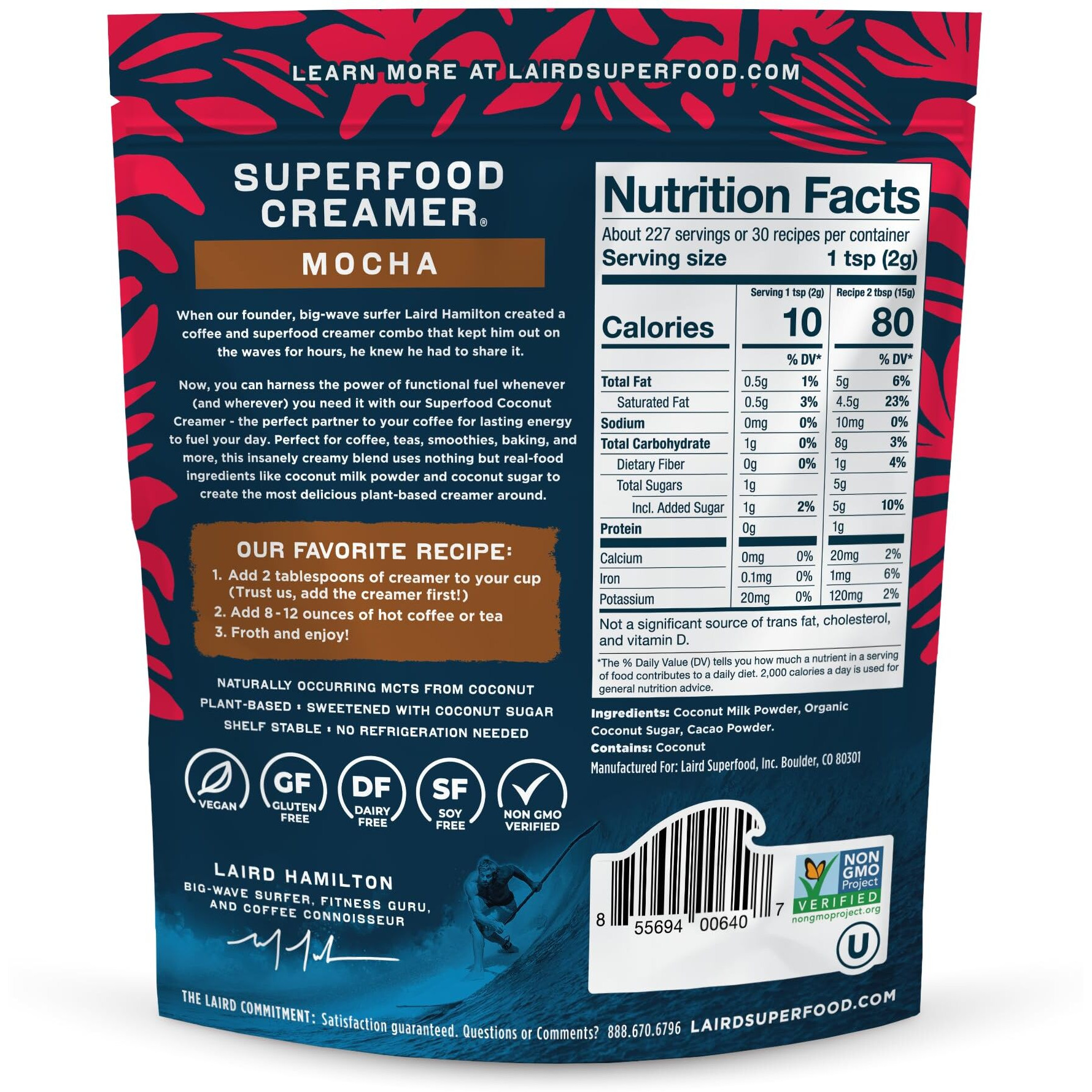 Laird Superfood Non-Dairy Coffee Creamer Mocha, Shelf-Stable Superfood Non-Dairy Powder Creamer, Gluten Free, Non-Gmo, Vegan, 16 Oz. Bag, Pack Of 1