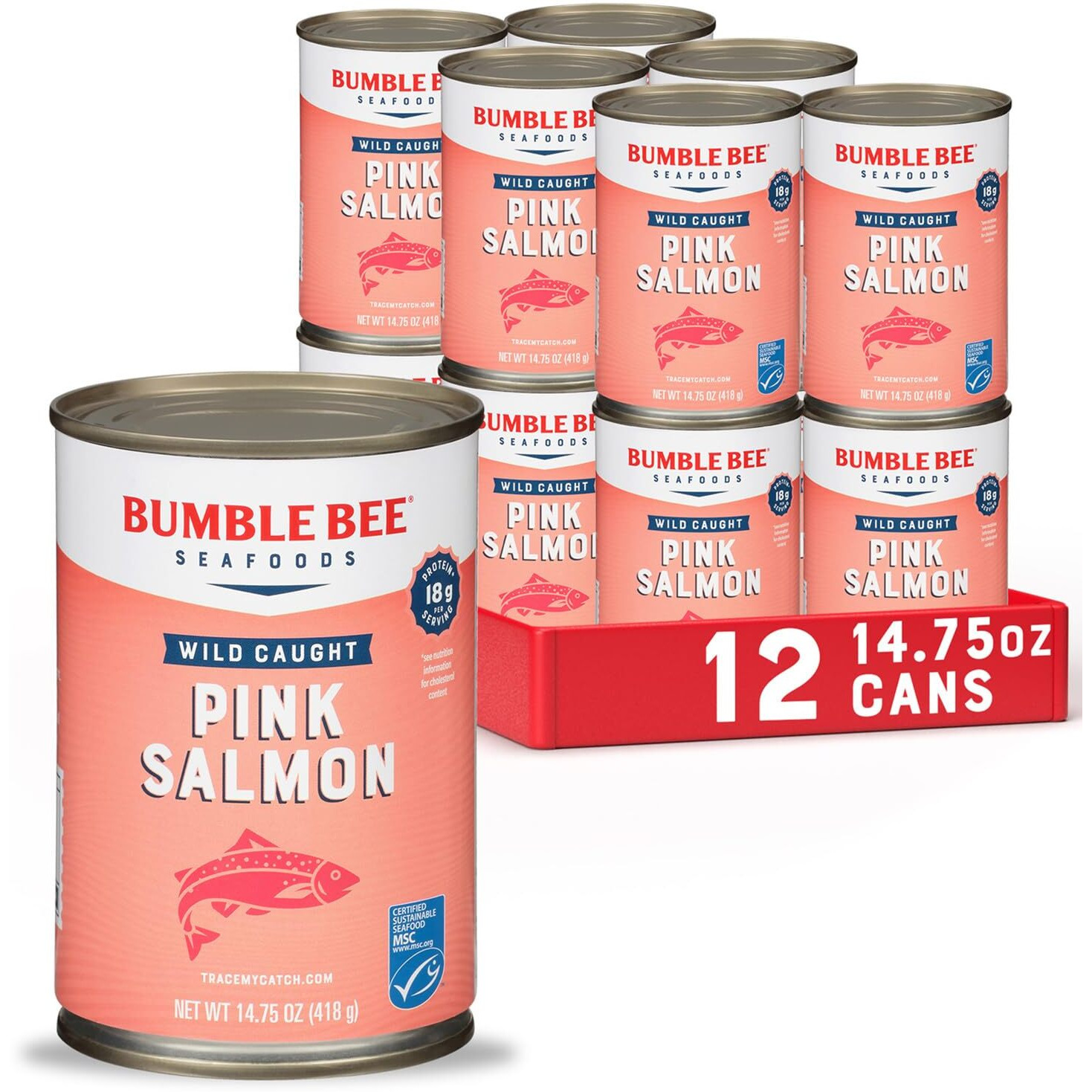 Bumble Bee Canned Pink Salmon, 14.75 Oz Cans (Pack Of 12) - Premium Wild Caught Salmon With Skin & Bones - 18G Protein Per Serving - Msc Certified Sustainable Seafood, Non-Gmo, Gluten Free, Kosher