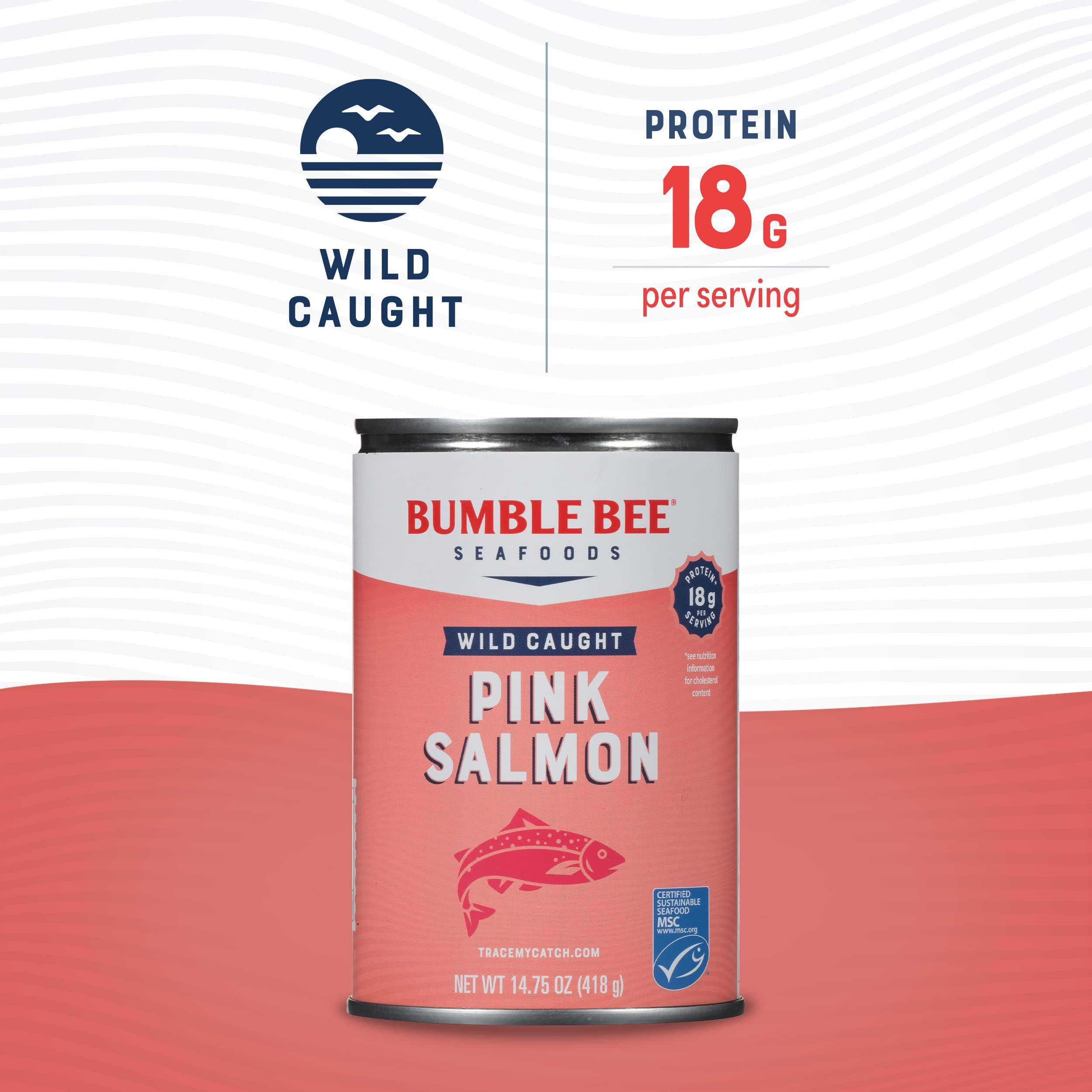 Bumble Bee Canned Pink Salmon, 14.75 Oz Cans (Pack Of 12) - Premium Wild Caught Salmon With Skin & Bones - 18G Protein Per Serving - Msc Certified Sustainable Seafood, Non-Gmo, Gluten Free, Kosher