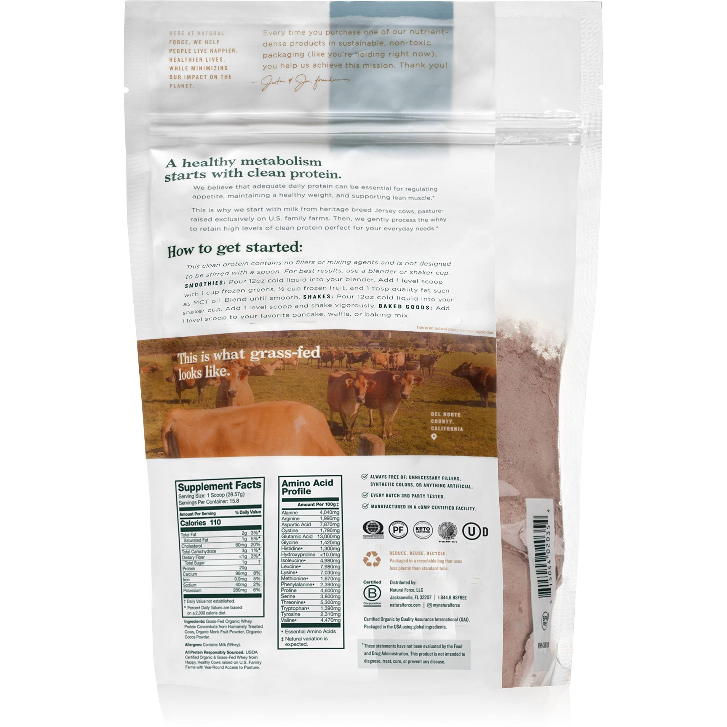 Natural Force Whey Protein Powder - Chocolate - Grass Fed Organic, Pure, Keto & Paleo Friendly, Low Carb, Kosher, Non Gmo - 1 Pound