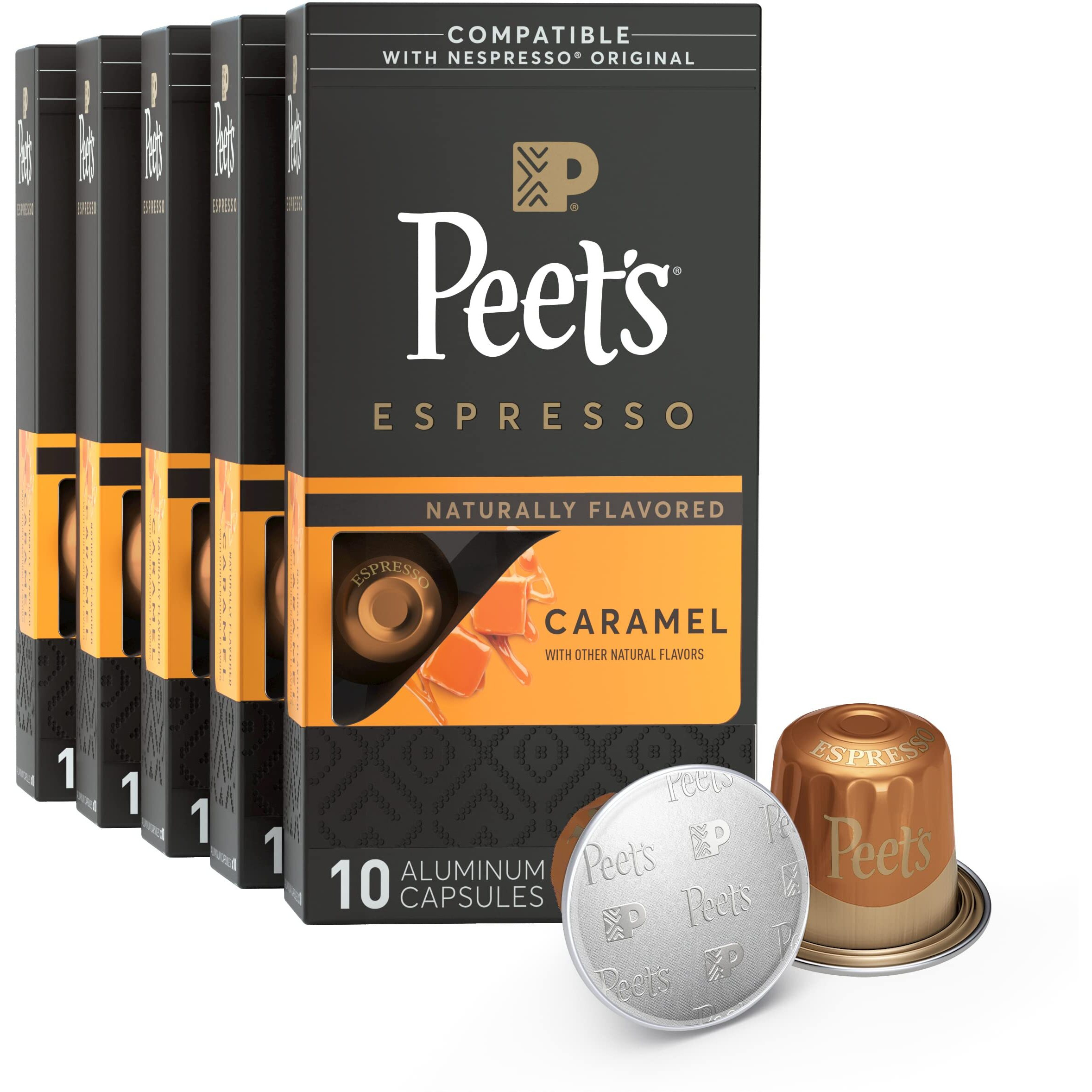 Peet's Coffee, Dark Roast Espresso Capsules, Caramel 50 Count (5 Boxes Of 10 Espresso Pods)