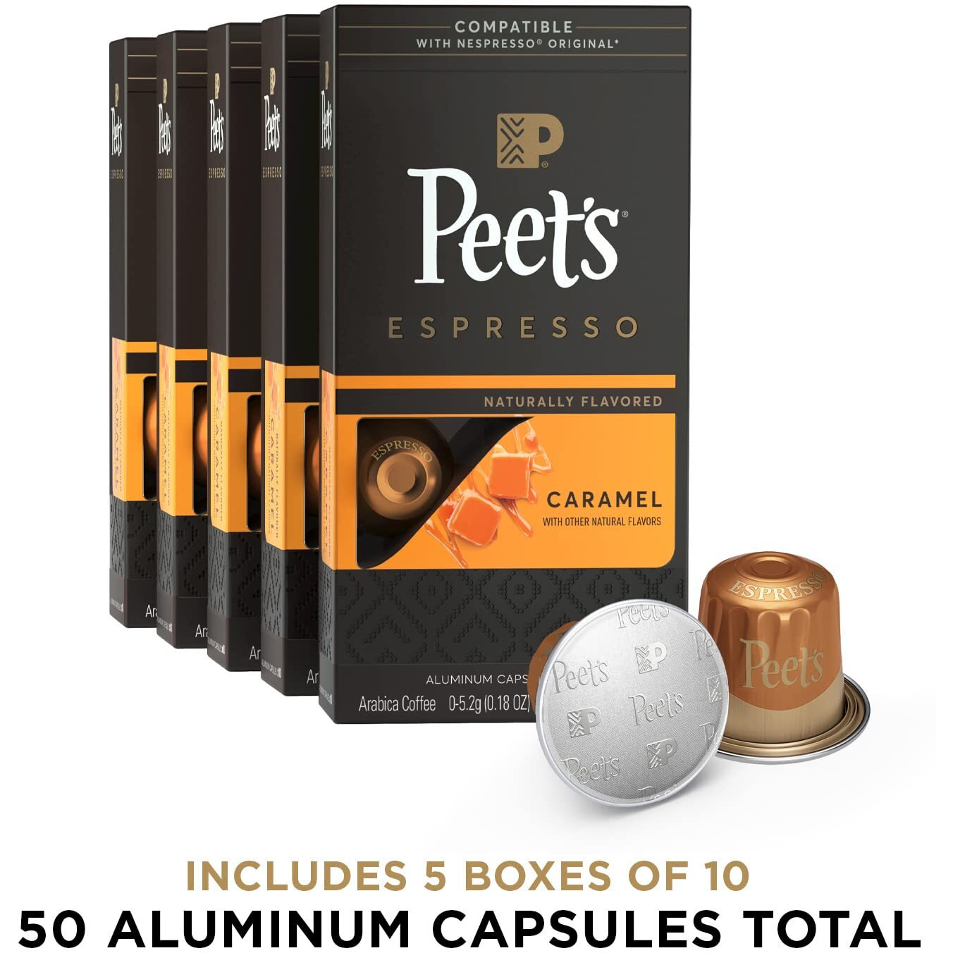 Peet's Coffee, Dark Roast Espresso Capsules, Caramel 50 Count (5 Boxes Of 10 Espresso Pods)