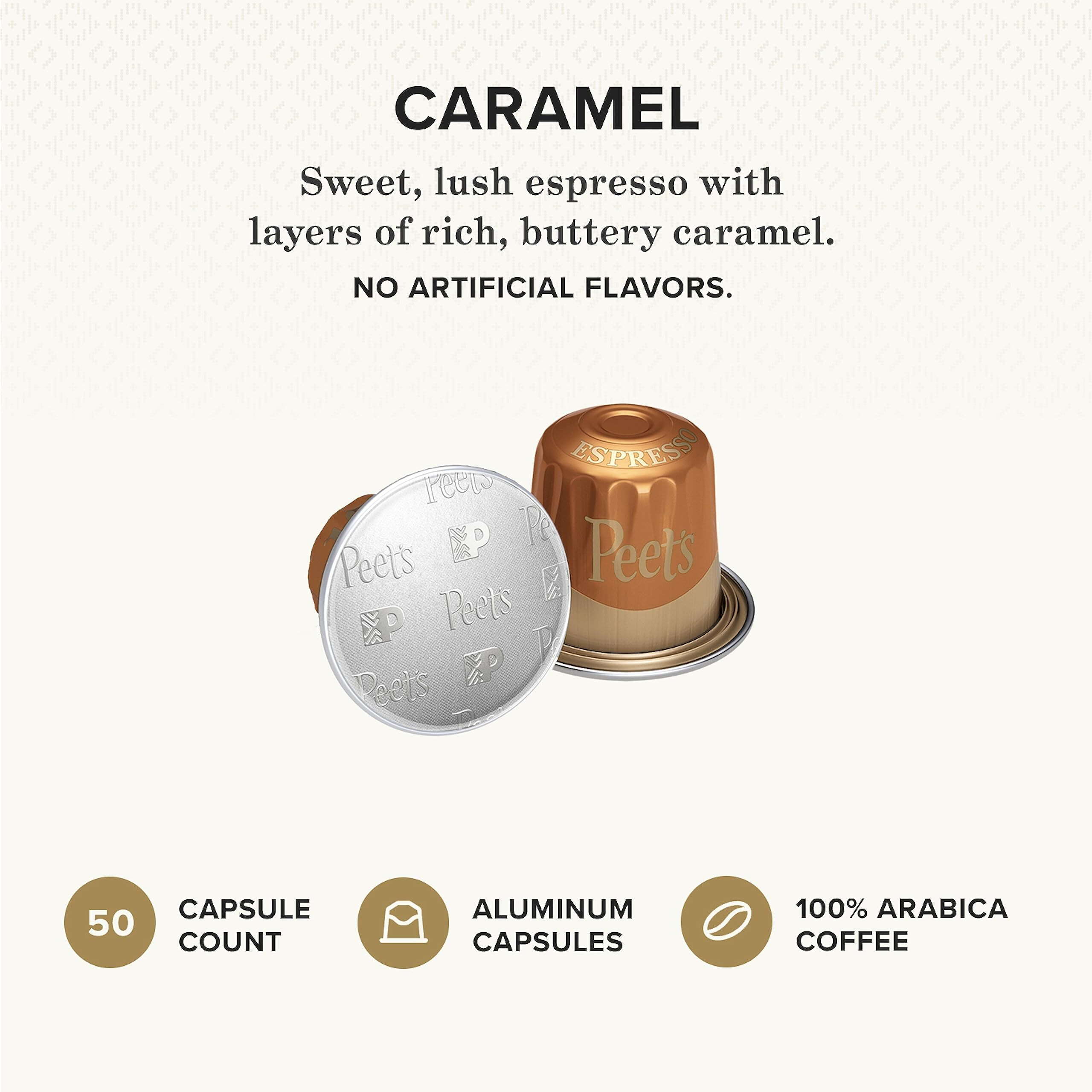 Peet's Coffee, Dark Roast Espresso Capsules, Caramel 50 Count (5 Boxes Of 10 Espresso Pods)