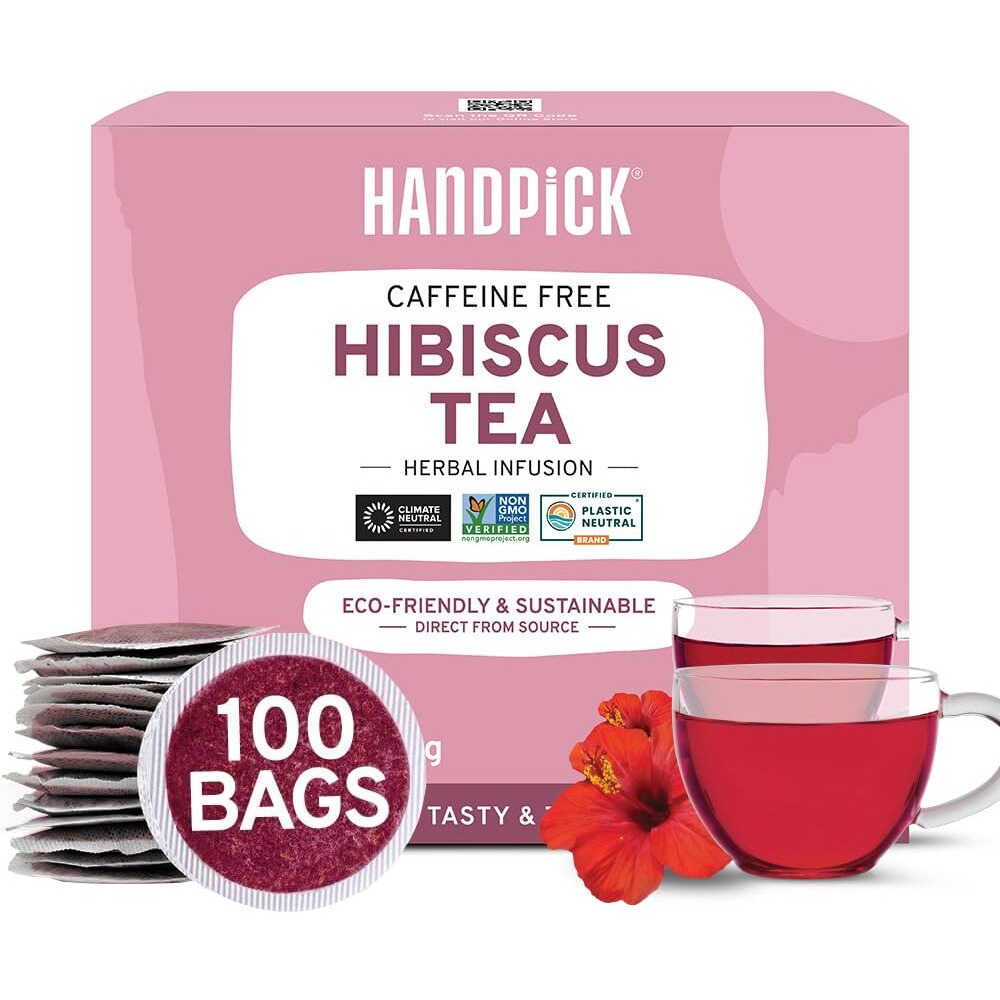 Handpick, Hibiscus Tea Bags (100 Tea Bags) Caffeine-Free, Made With Real - Hibiscus Flowers | Naturally Contains Antioxidants & Can Support Overall Health | Floral Herbal Tea Bags