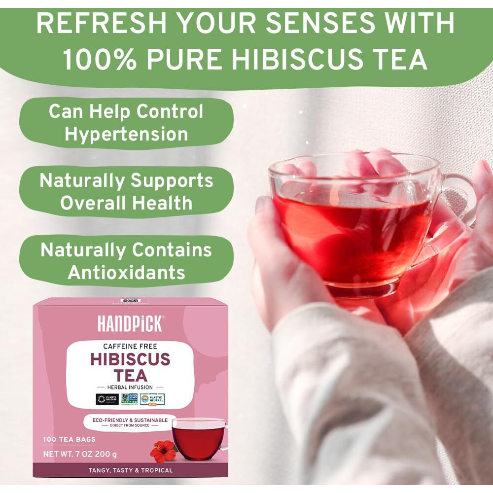 Handpick, Hibiscus Tea Bags (100 Tea Bags) Caffeine-Free, Made With Real - Hibiscus Flowers | Naturally Contains Antioxidants & Can Support Overall Health | Floral Herbal Tea Bags