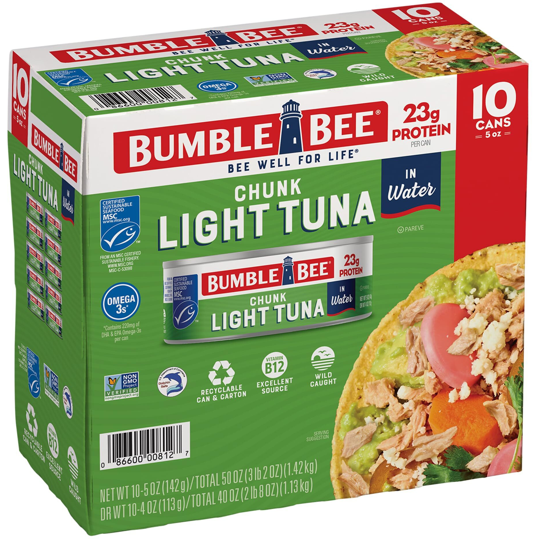 Bumble Bee Chunk Light Tuna In Water, 5 Oz Cans (Pack Of 10) - Wild Caught Skipjack Tuna - 23G Protein Per Serving - Msc Certified Sustainable Seafood, Non-Gmo, Gluten Free, Kosher