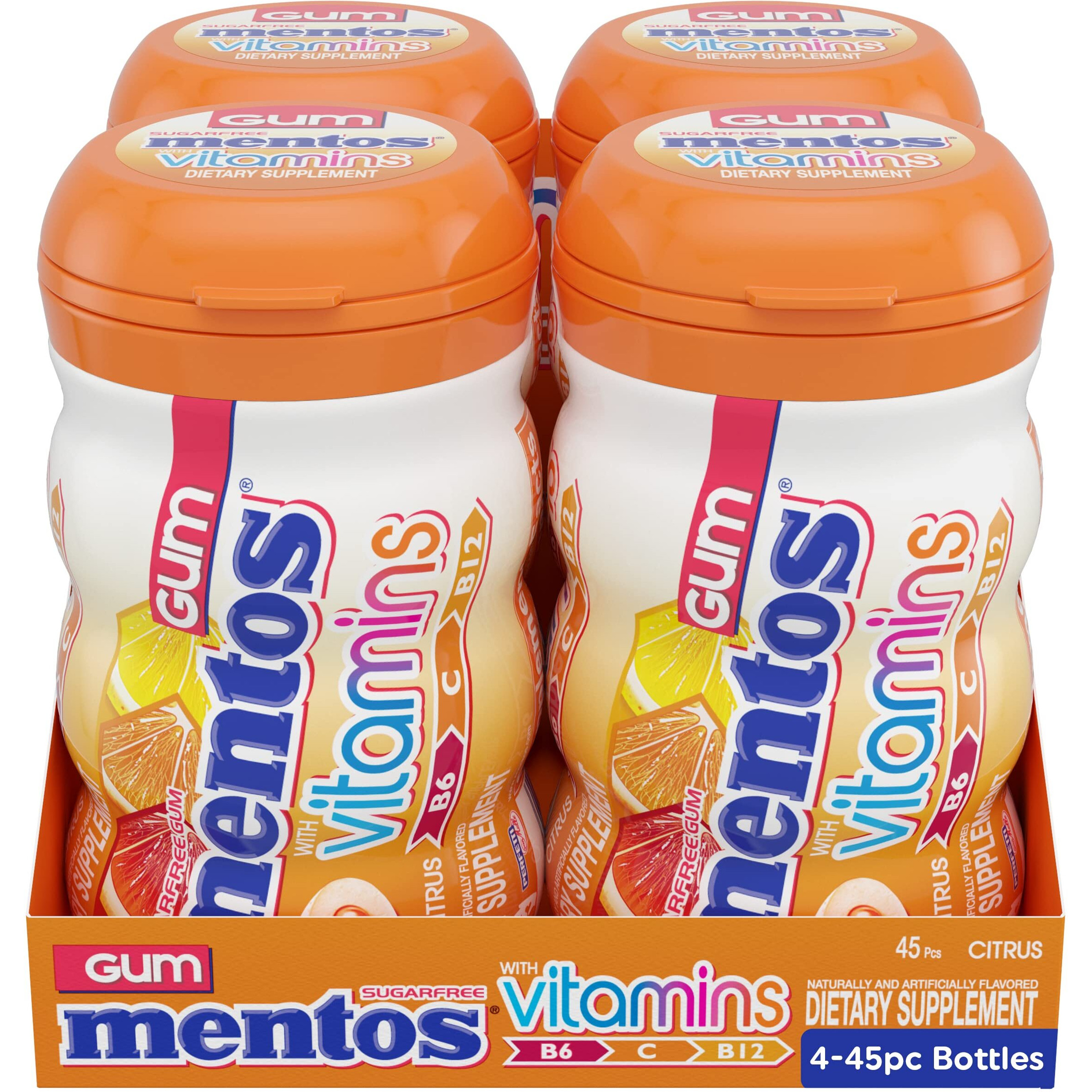 Mentos Vitamins Gum, Sugar Free Gum With Vitamins And Xylitol Sweetener, Citrus, Bottle, 45 Pieces