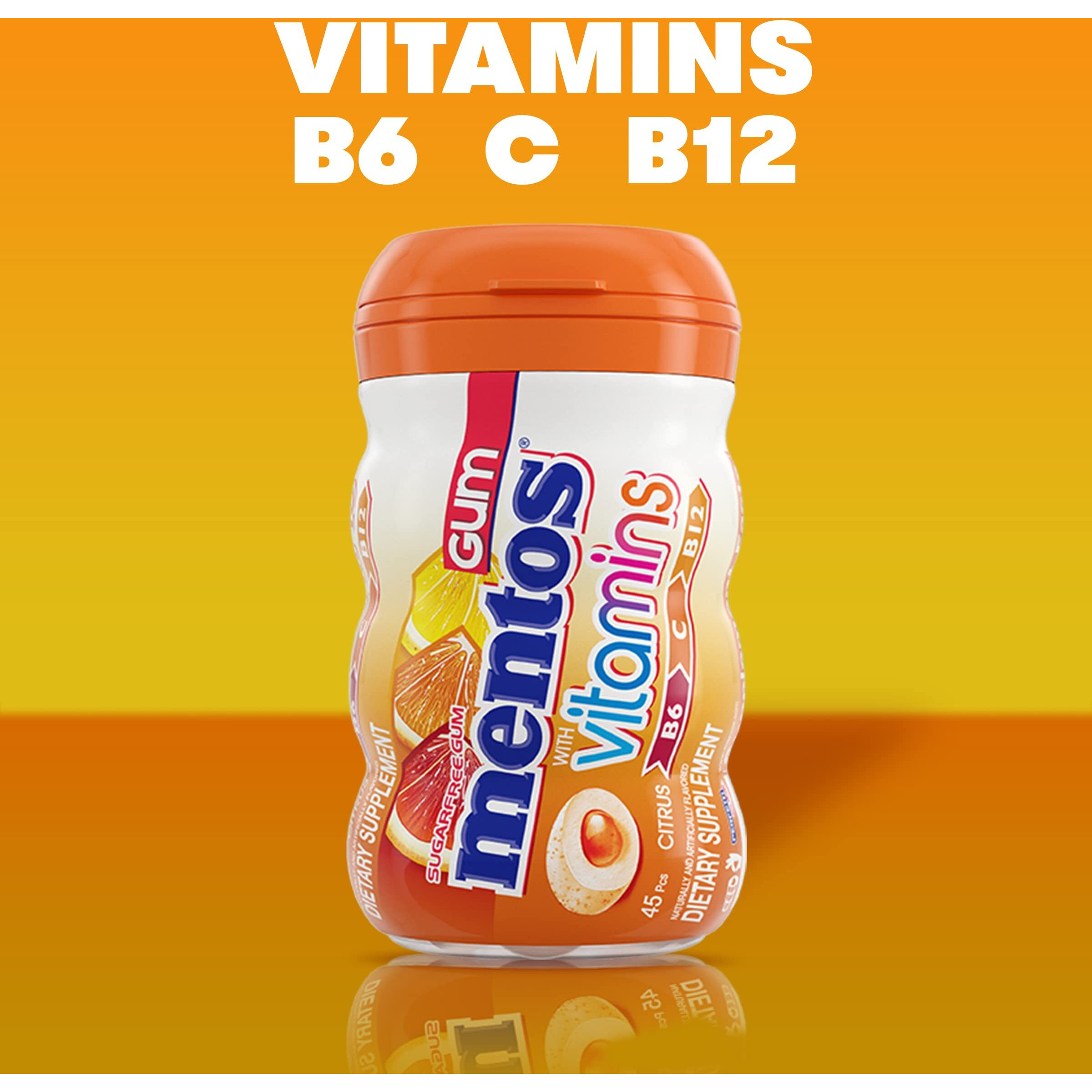 Mentos Vitamins Gum, Sugar Free Gum With Vitamins And Xylitol Sweetener, Citrus, Bottle, 45 Pieces