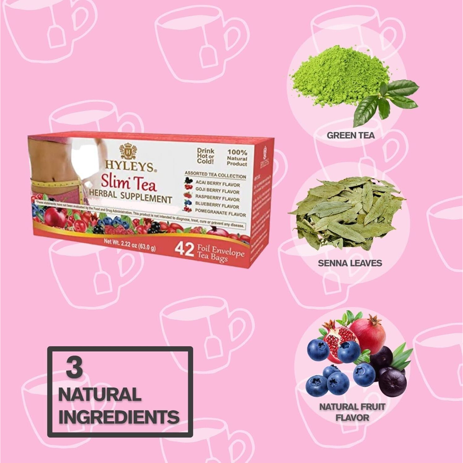 Hyleys Slim Tea Assorted Flavors With Green Tea & Senna - Herbal Weight Loss Detox Cleanse Supplement For Belly Fat, Bloating & Metabolism Boost - 42 Tea Bags (1 Pack)