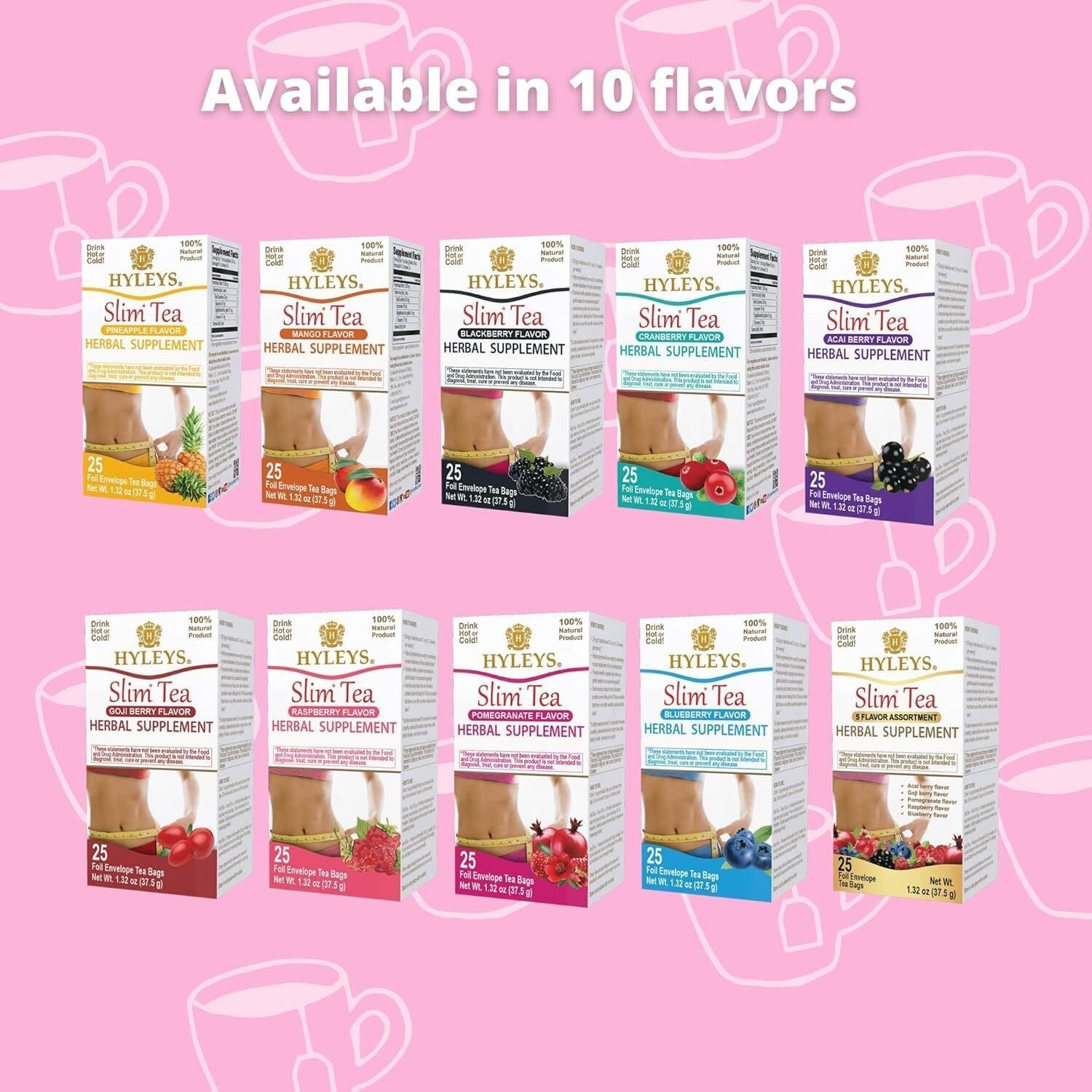 Hyleys Slim Tea Assorted Flavors With Green Tea & Senna - Herbal Weight Loss Detox Cleanse Supplement For Belly Fat, Bloating & Metabolism Boost - 42 Tea Bags (1 Pack)