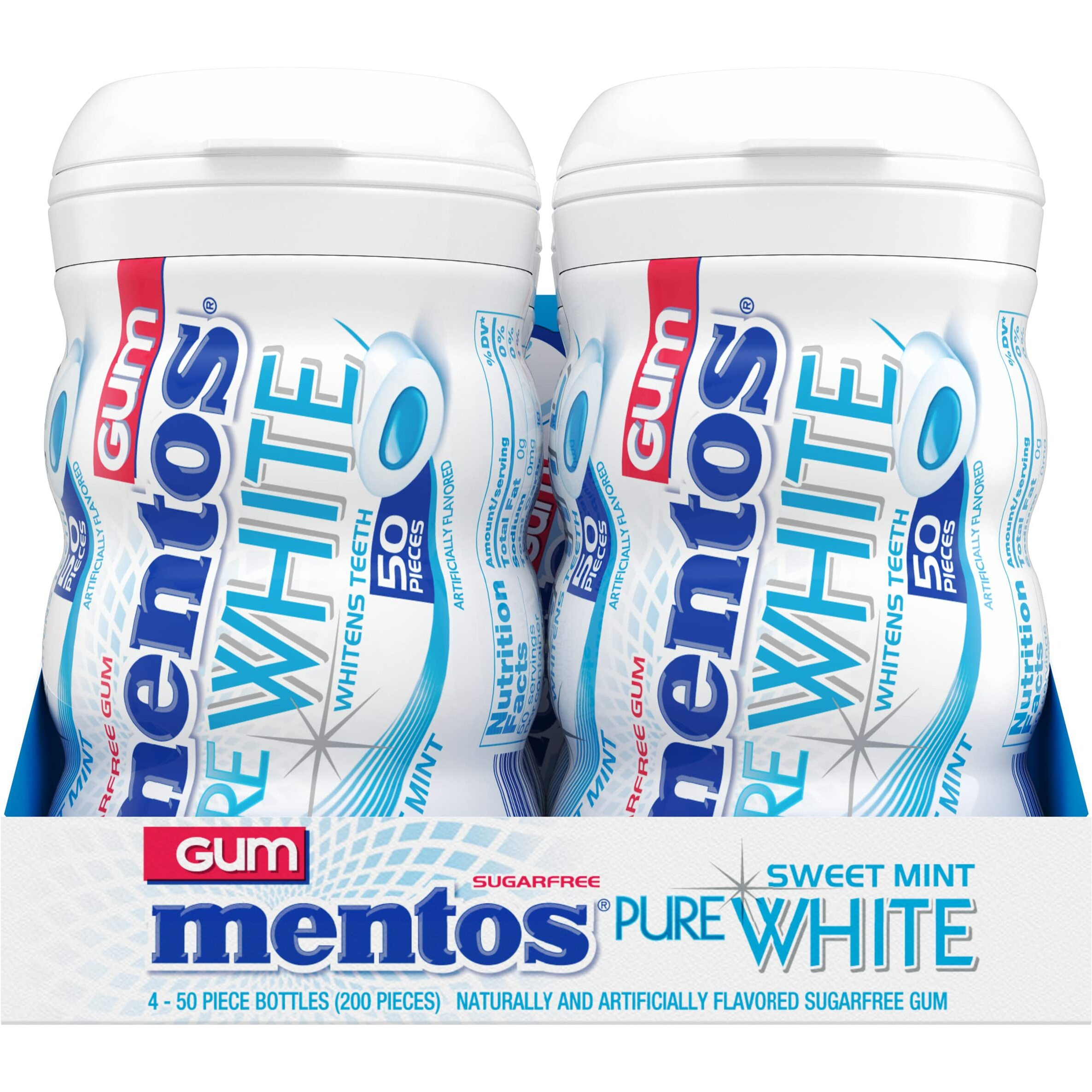 Mentos Pure White Sugar-Free Chewing Gum With Xylitol, Sweet Mint, 50 Piece Bottle (Bulk Pack Of 4)