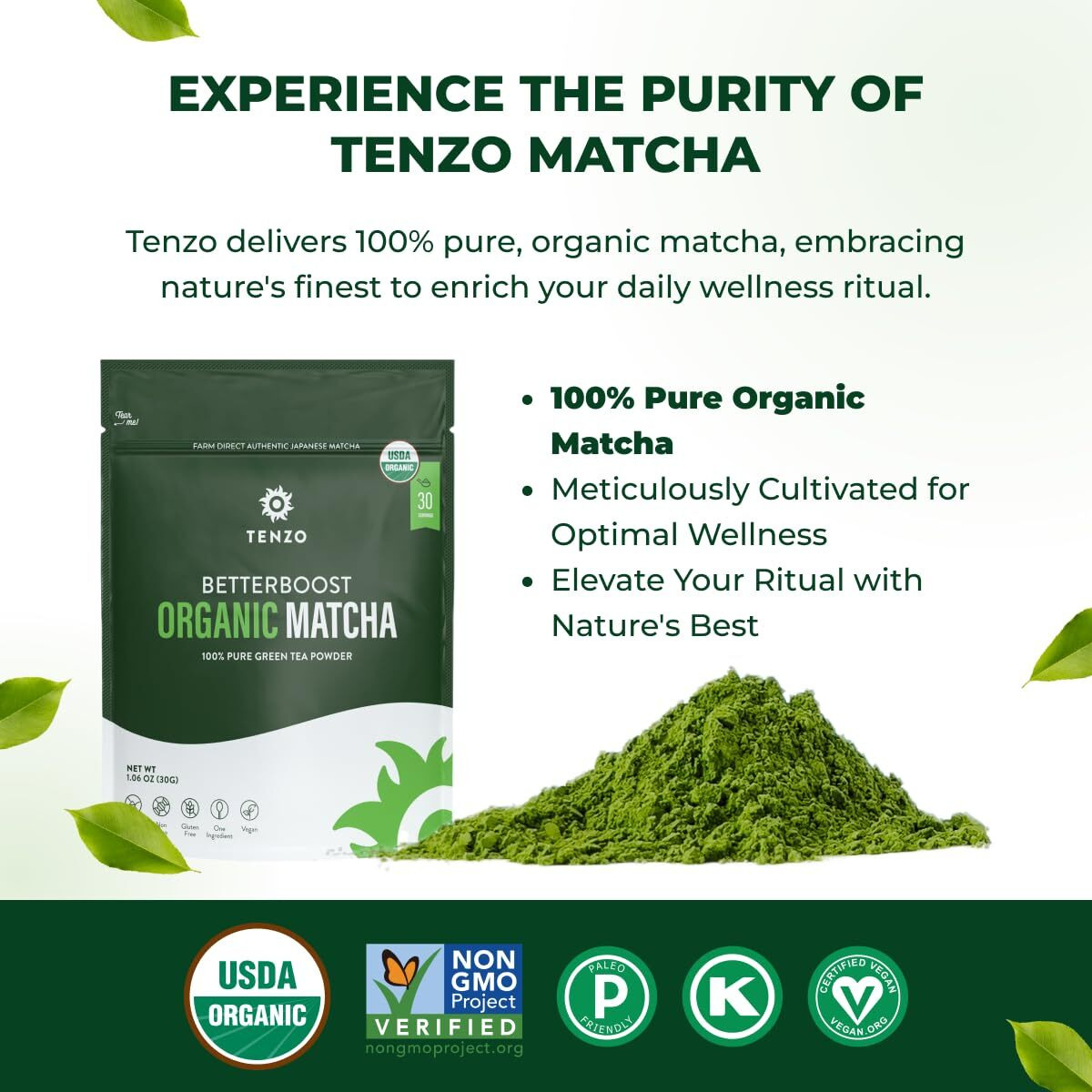Tenzo Matcha Green Tea Powder - Matcha Powder Usda Organic Premium Grade - Authentic Japanese Matcha Tea - Original Matcha Latte Powder - Betterboost (1.06 Ounce)