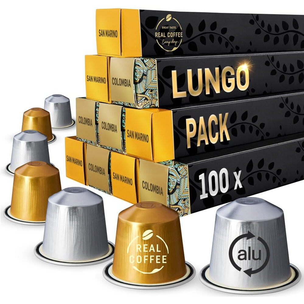Lungo Variety Pack For Nespresso | 100 Test Winning Aluminum Capsules | 2 Smooth Italian Flavors San Marino And Colombia | 100% Nespresso Compatible Pods