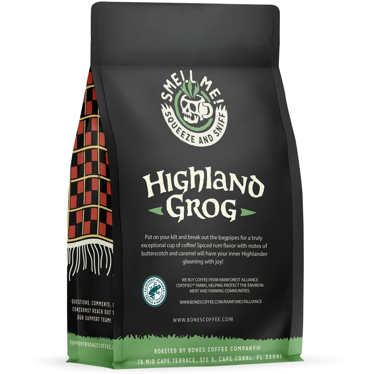 Bones Coffee Company Highland Grog Whole Coffee Beans Butterscotch Caramel Flavor, Low Acid Flavored Coffee Made With Arabica Coffee Beans, Medium Roast Coffee, Coffee Lover Gift Ideas (12 Oz)