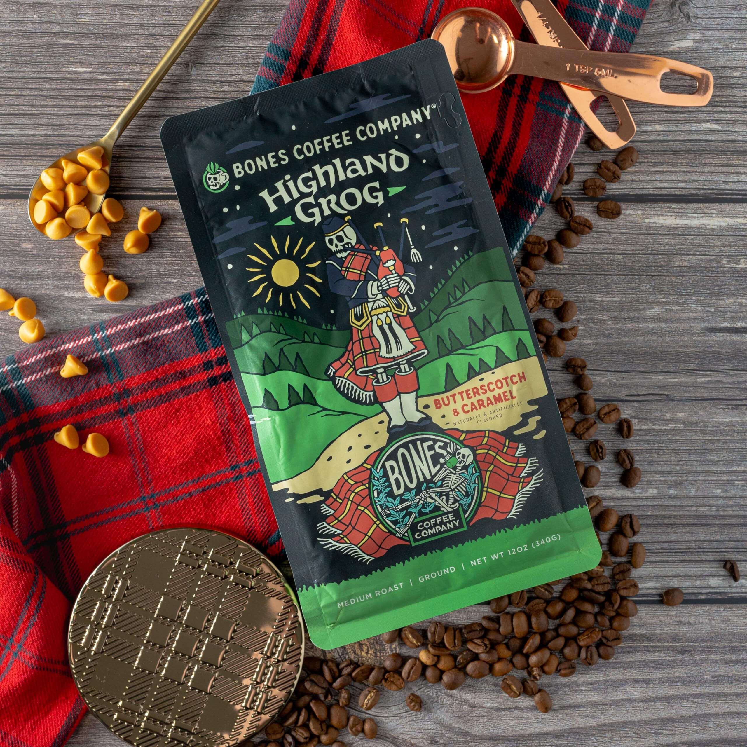 Bones Coffee Company Highland Grog Whole Coffee Beans Butterscotch Caramel Flavor, Low Acid Flavored Coffee Made With Arabica Coffee Beans, Medium Roast Coffee, Coffee Lover Gift Ideas (12 Oz)