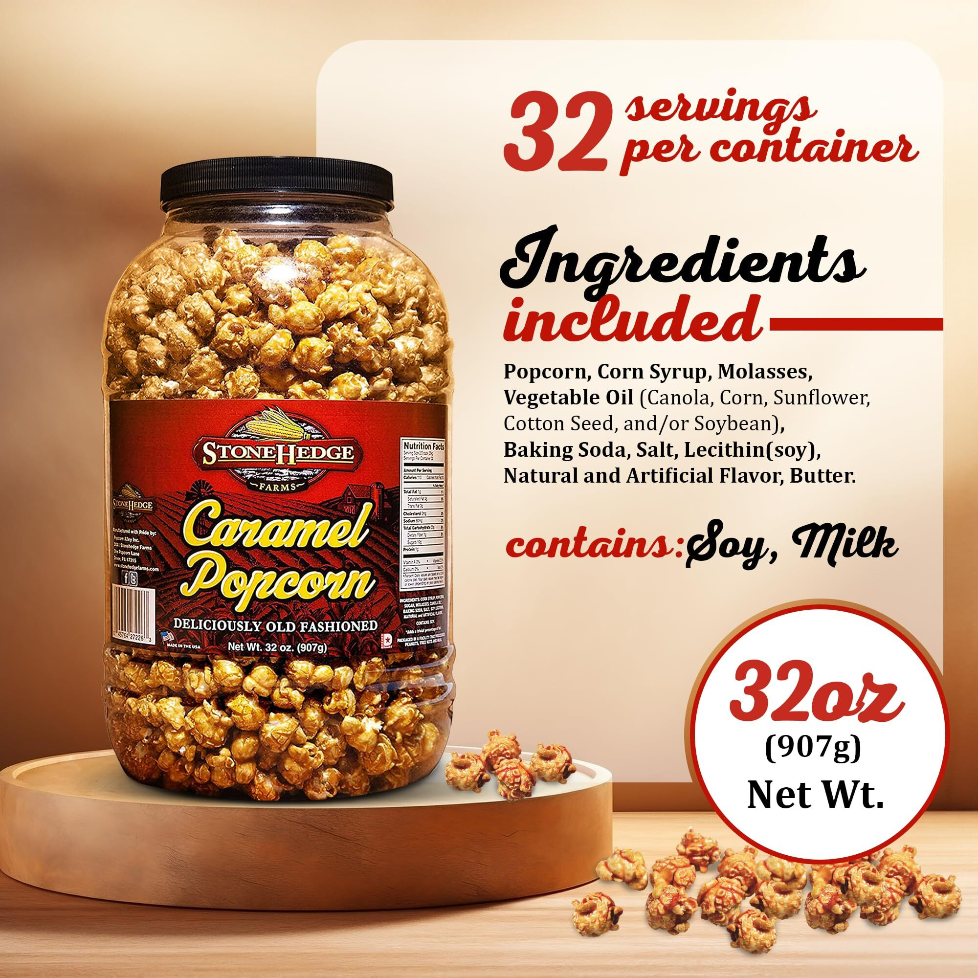 Stonehedge Farms Caramel Flavored Popcorn - 32 Oz Large Tub - Bulk Gourmet Deliciously Old Fashioned Popped Sweet Snacks - Made In The Usa