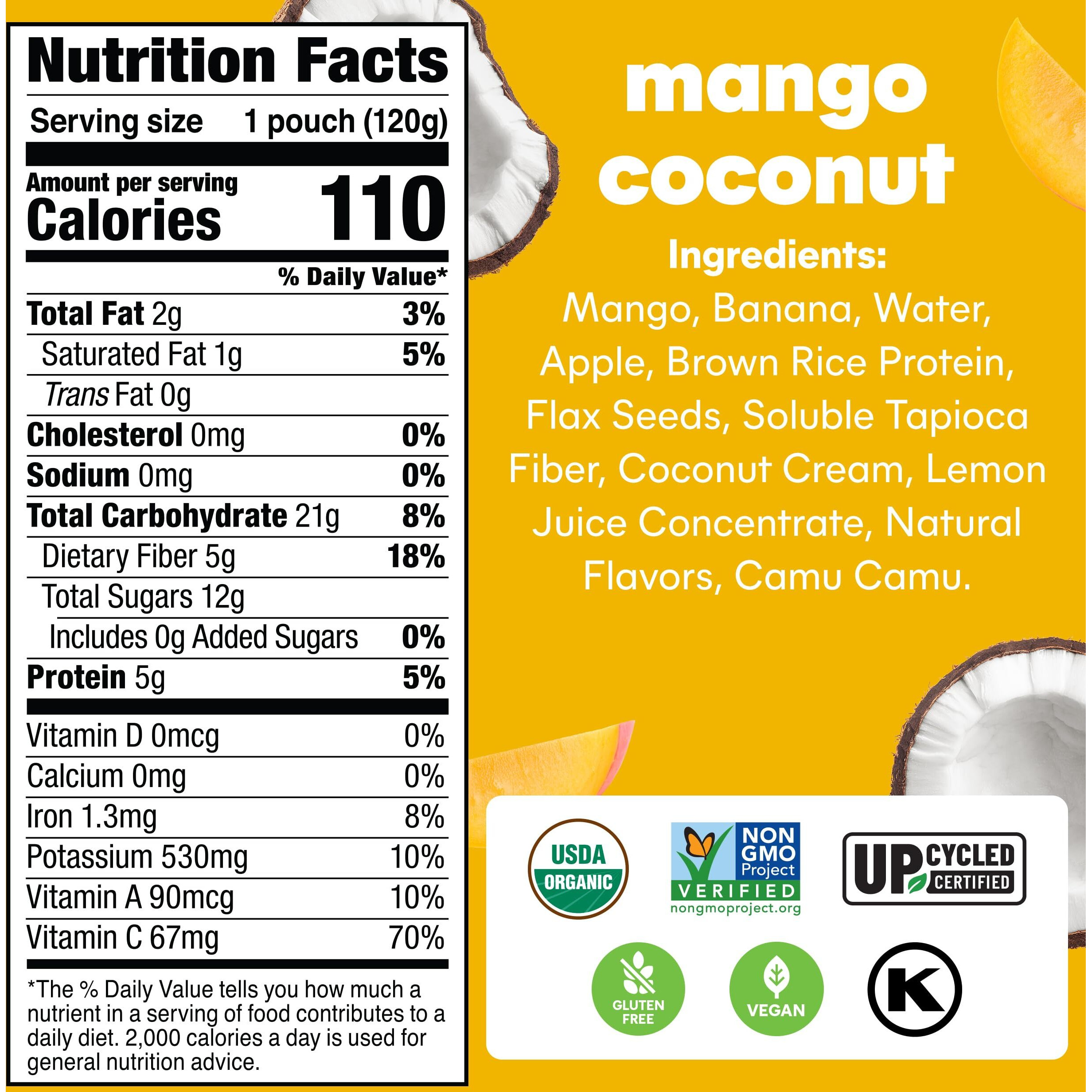 Noka Superfood Fruit Smoothie Pouches, Mango Coconut, Healthy Snacks With Flax Seed, Plant Protein And Prebiotic Fiber, Vegan And Gluten Free Snacks, Organic Squeeze Pouch, 4.22 Oz, 12 Count