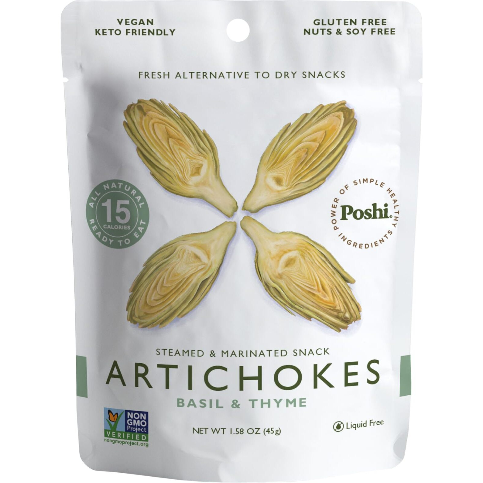 Poshi Marinated Artichoke Hearts Snack Pack | Basil + Thyme | Keto, Vegan, Paleo, Non Gmo, Low Carb + Calorie, Gluten Free, Fully Cooked Vegetables, Gourmet, Healthy, All Natural (10 Pack, 1.58 Oz)