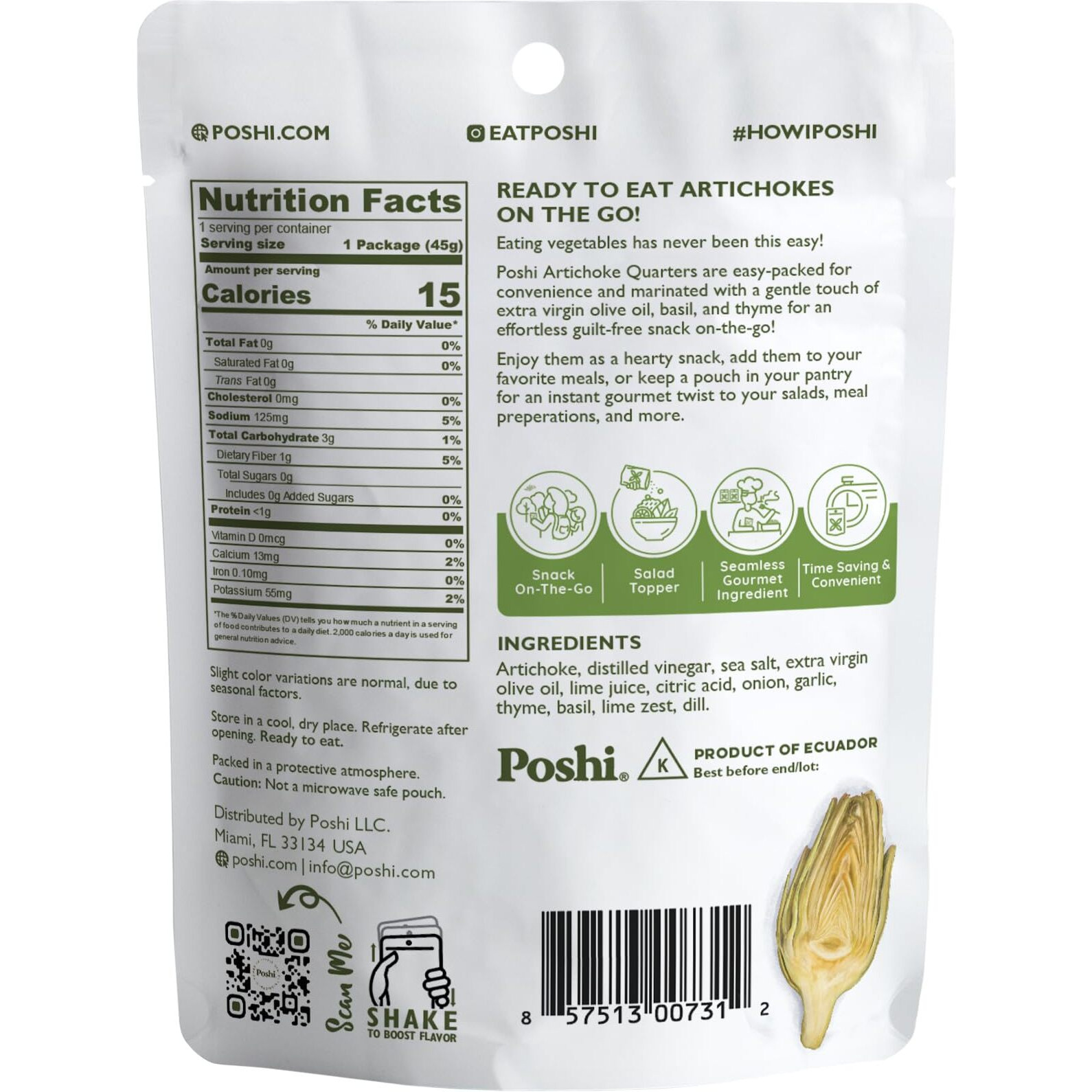 Poshi Marinated Artichoke Hearts Snack Pack | Basil + Thyme | Keto, Vegan, Paleo, Non Gmo, Low Carb + Calorie, Gluten Free, Fully Cooked Vegetables, Gourmet, Healthy, All Natural (10 Pack, 1.58 Oz)