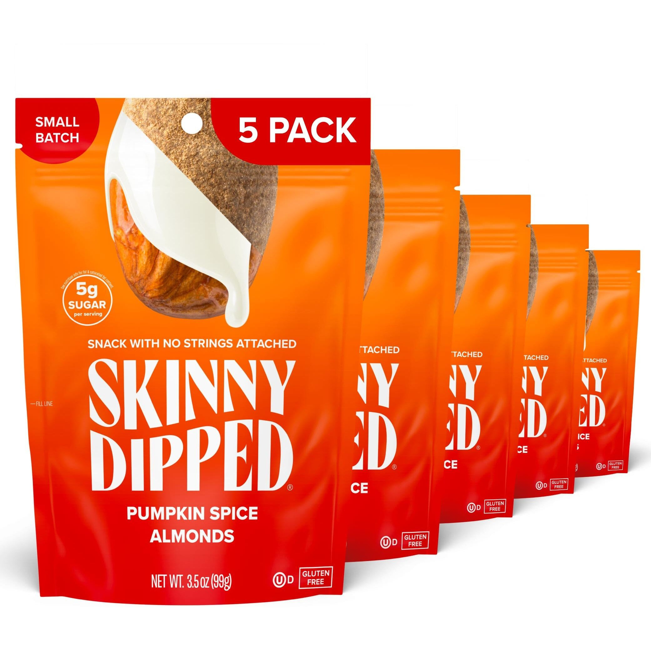 Skinnydipped Pumpkin Spice Almonds, Healthy Snack, Plant Protein, Gluten Free, 3.5 Oz Resealable Bags, Pack Of 5