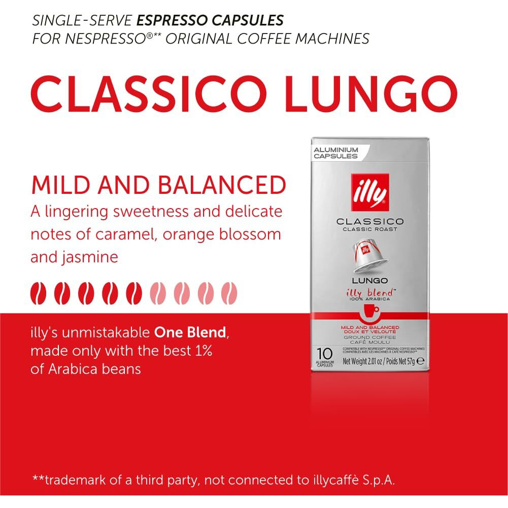 Illy Espresso Compatible Capsules - Single-Serve Coffee Capsules & Pods - Classico Lungo Roast - Notes Of Caramel, Orange Blossom & Jasmine Coffee Pods - For Nespresso Coffee Machines - 10 Count