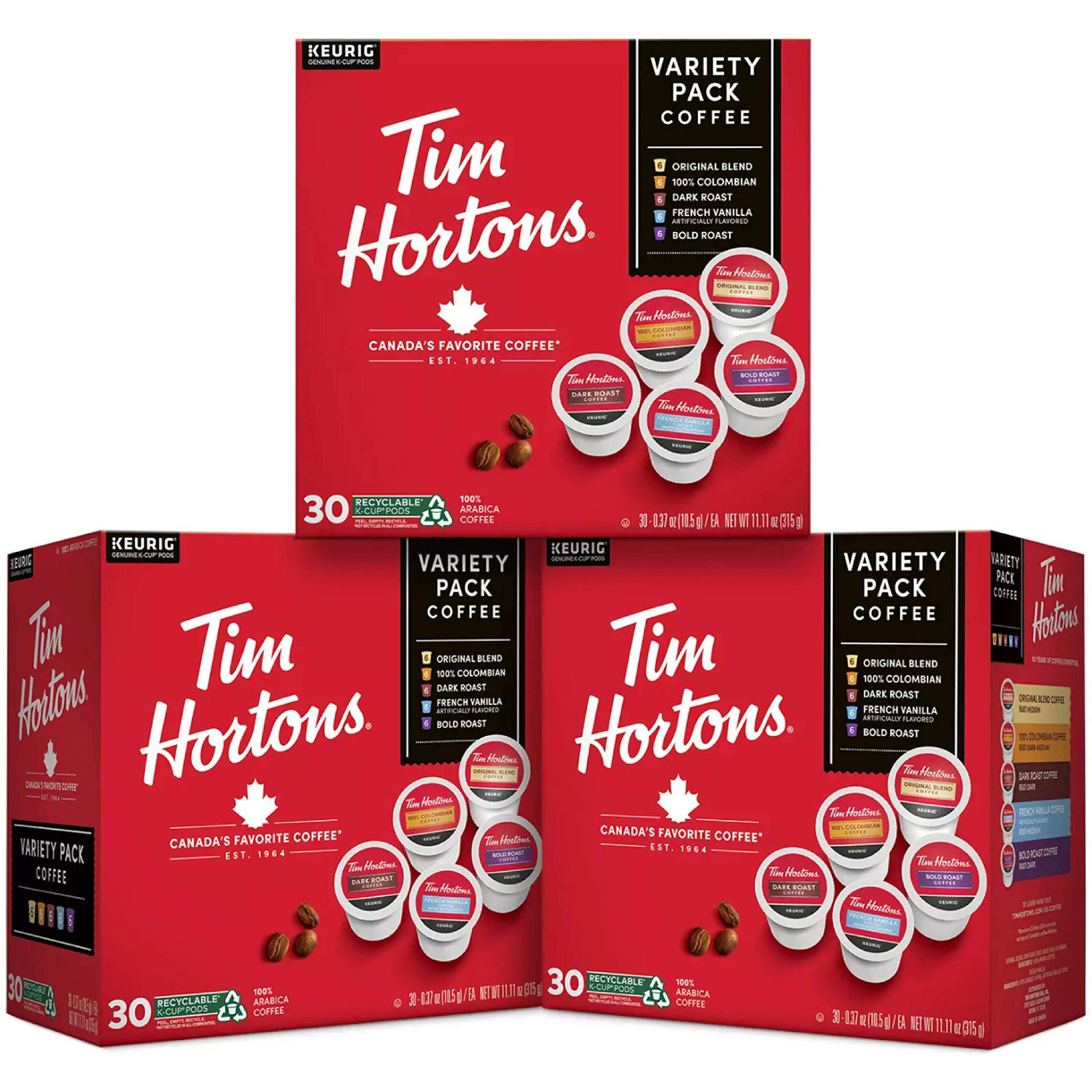 Tim Hortons Coffee Variety Pack, Single-Serve K-Cup Pods Compatible With Keurig Brewers, 90Ct K-Cups Total, Red