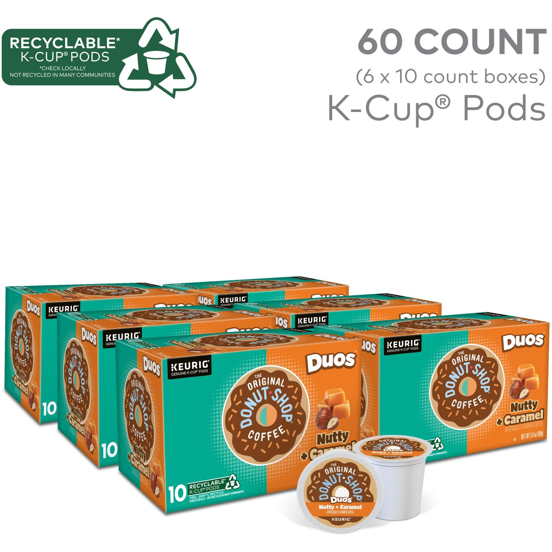 The Original Donut Shop Duos Nutty + Caramel Coffee, Keurig Single Serve K-Cup Pods, Light Roast Coffee, 60 Count, (6 Packs Of 10)