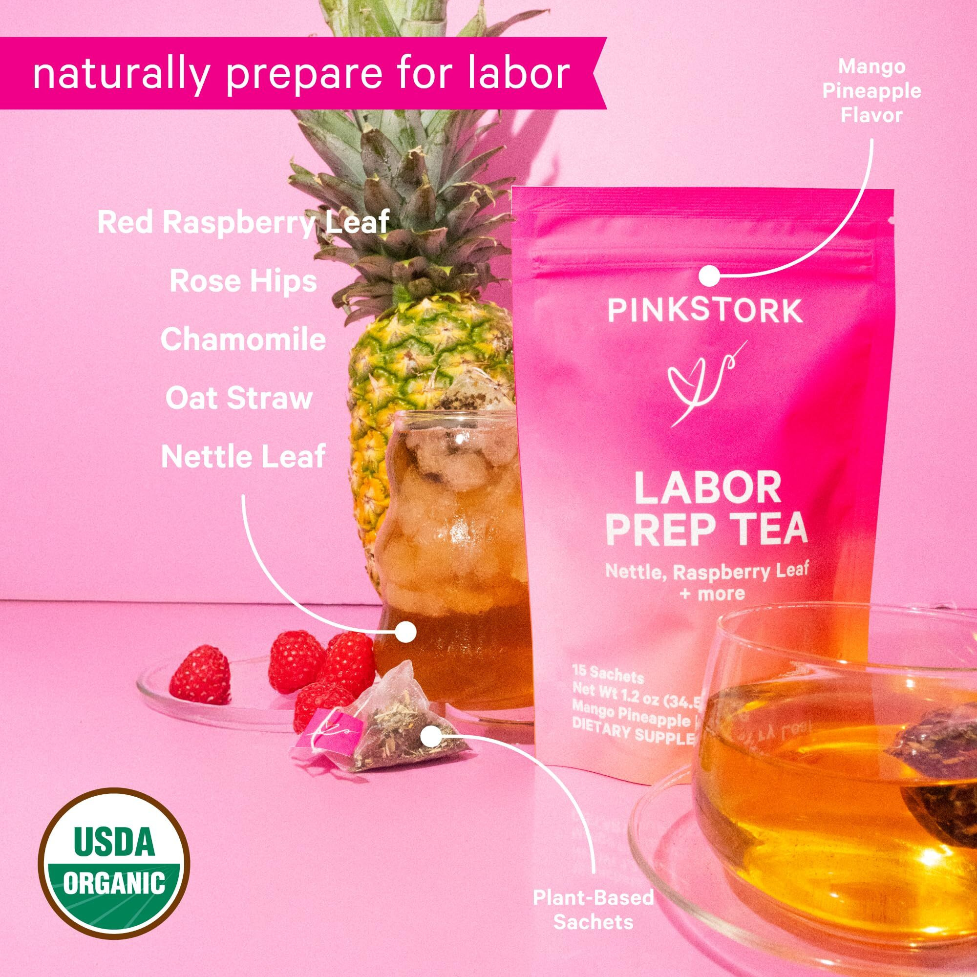 Pink Stork Organic Red Raspberry Leaf Labor Prep Tea - Mango-Pineapple With Nettle, And Moringa - Third Trimester Pregnancy Tea - Labor And Delivery Essentials For Women, 30 Cups