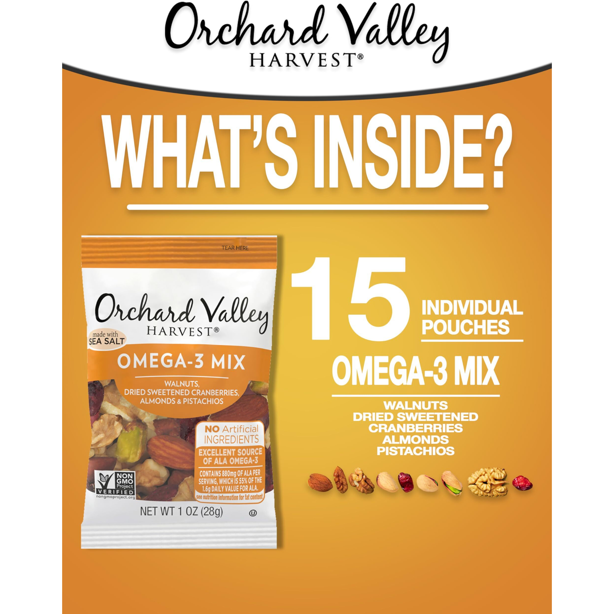 Orchard Valley Harvest Omega-3 Mix, 1 Ounce Bags (Pack Of 15), Walnuts, Cranberries, Almonds, And Pistachios, Gluten Free, Non-Gmo, No Artificial Ingredients