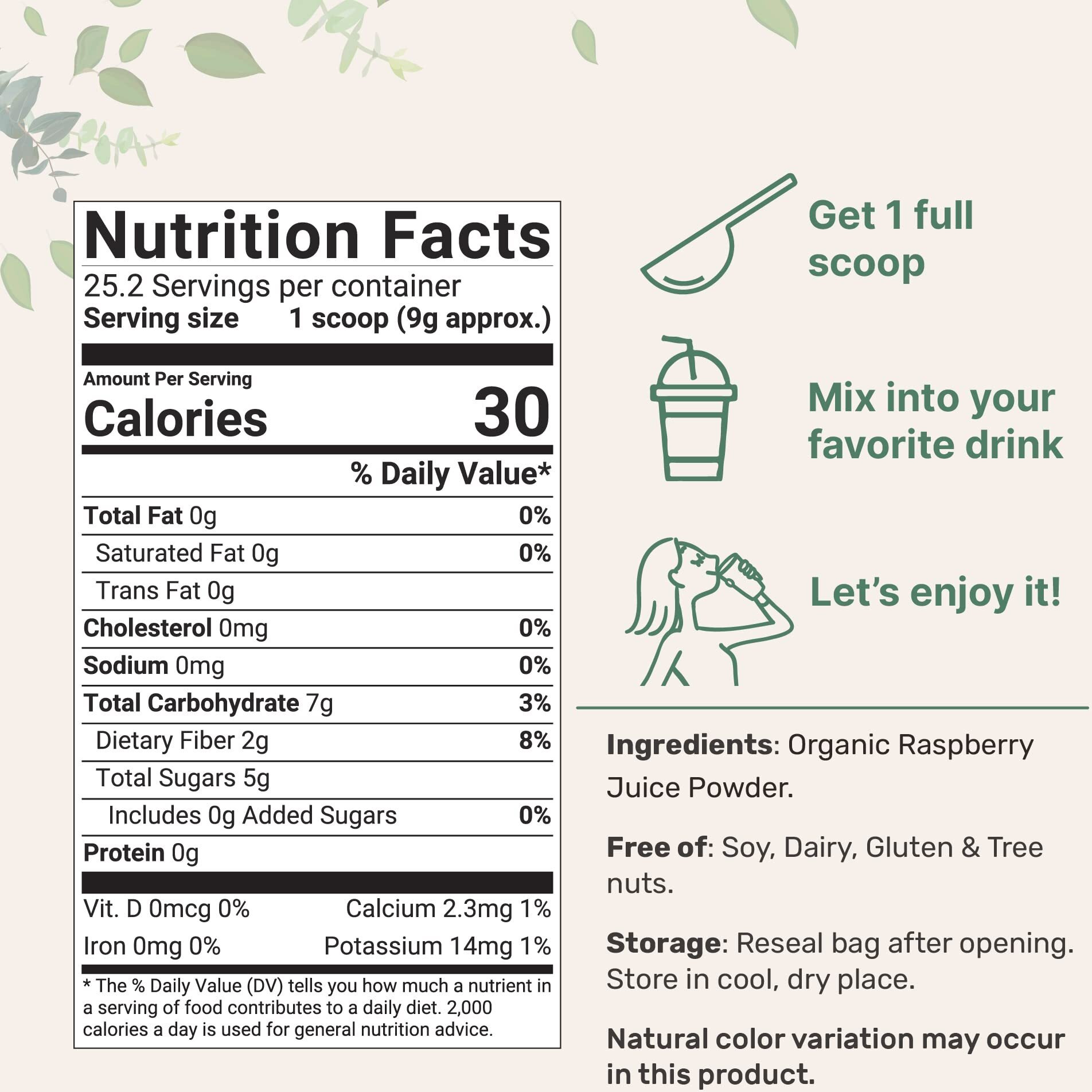 Organic Raspberry Juice Powder, 8Oz | 100% Natural Fruit Powder | Freeze-Dried Raspberries Source | No Sugar & Additives | Great Flavor For Drinks, Smoothie, & Beverages | Non-Gmo & Vegan Friendly