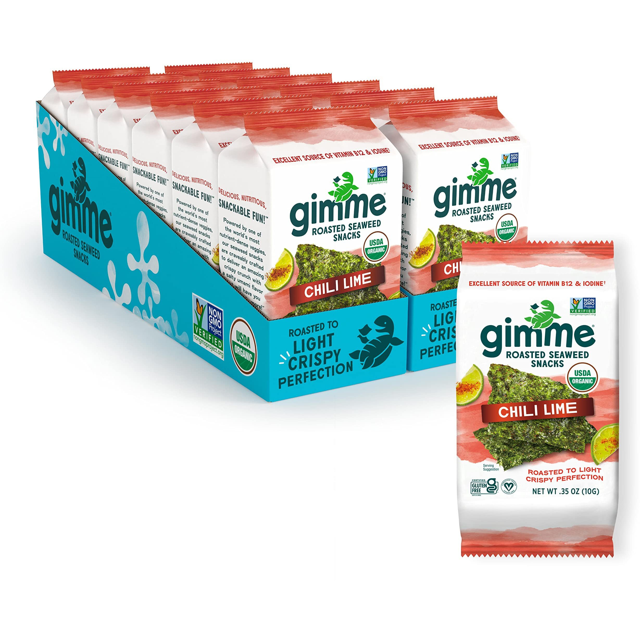 Gimme Seaweed - Chili Lime - 12 Count Sharing Size - Organic Roasted Seaweed Sheets - Keto, Vegan, Gluten Free - Great Source Of Iodine & Omega 3S - Healthy On-The-Go Snack For Kids & Adults
