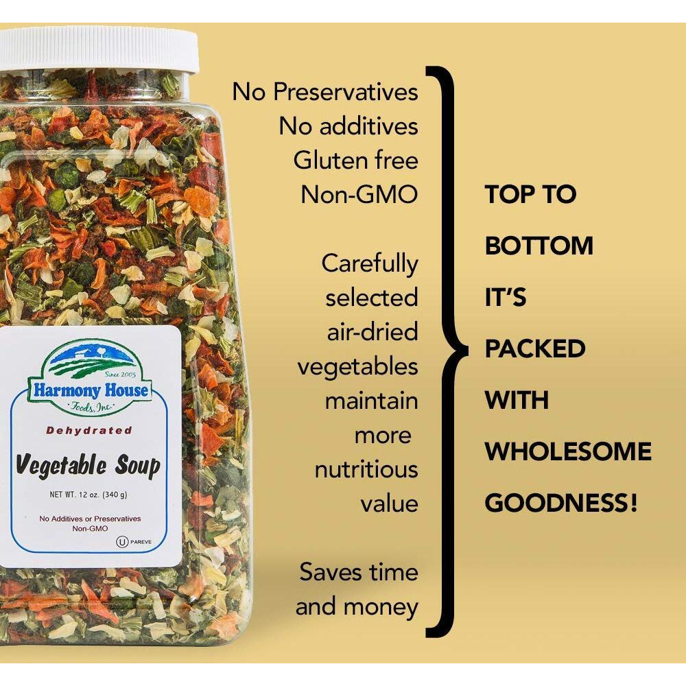 Harmony House Premium Vegetable Soup Mix - Dehydrated Vegetables For Cooking, Camping, Emergency Supply And More (9 Oz, Quart Size Jar)
