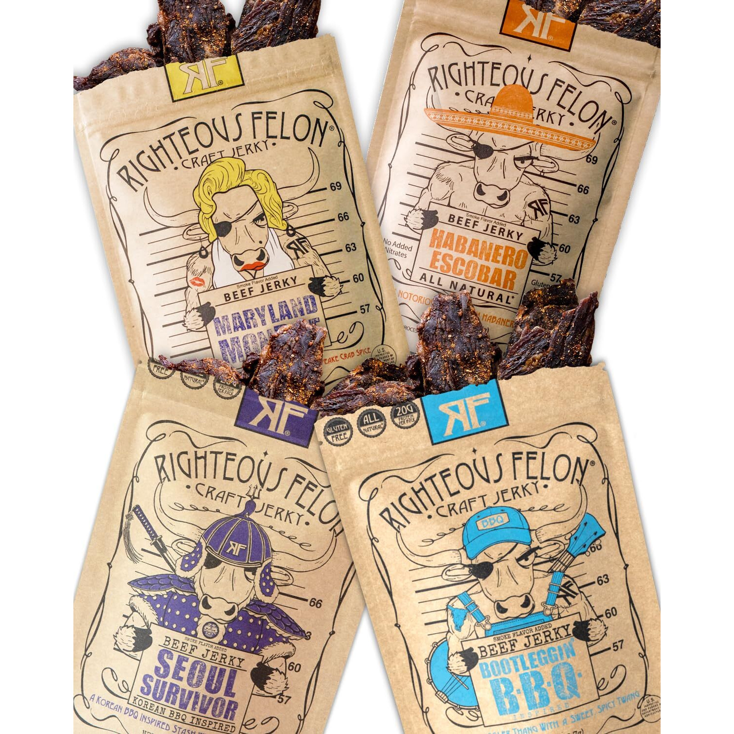 Righteous Felon Beef Jerky Variety Pack | Gluten Free Beef Jerky Snack Packs For Adults | High Protein, Keto, Low Sugar | Made With Premium Meats | Beef Jerky Gifts For Men | Spicy Jerky 4 Pack