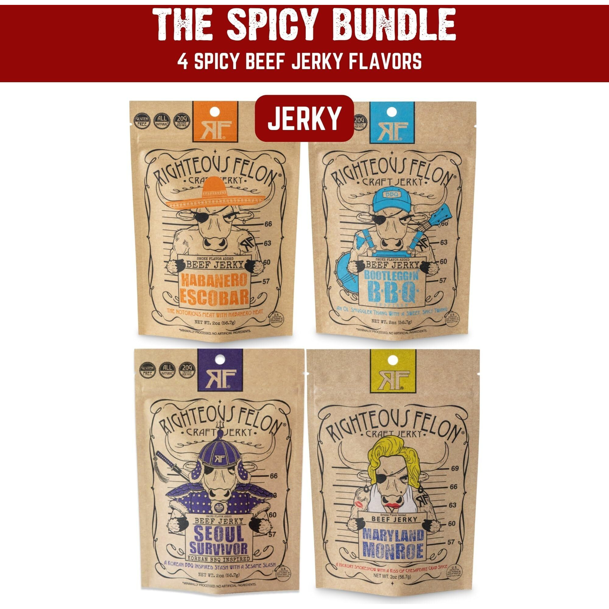 Righteous Felon Beef Jerky Variety Pack | Gluten Free Beef Jerky Snack Packs For Adults | High Protein, Keto, Low Sugar | Made With Premium Meats | Beef Jerky Gifts For Men | Spicy Jerky 4 Pack