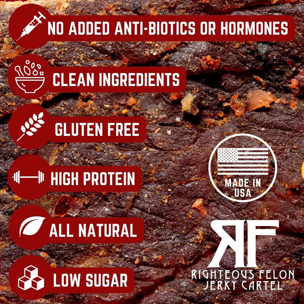 Righteous Felon Beef Jerky Variety Pack | Gluten Free Beef Jerky Snack Packs For Adults | High Protein, Keto, Low Sugar | Made With Premium Meats | Beef Jerky Gifts For Men | Spicy Jerky 4 Pack